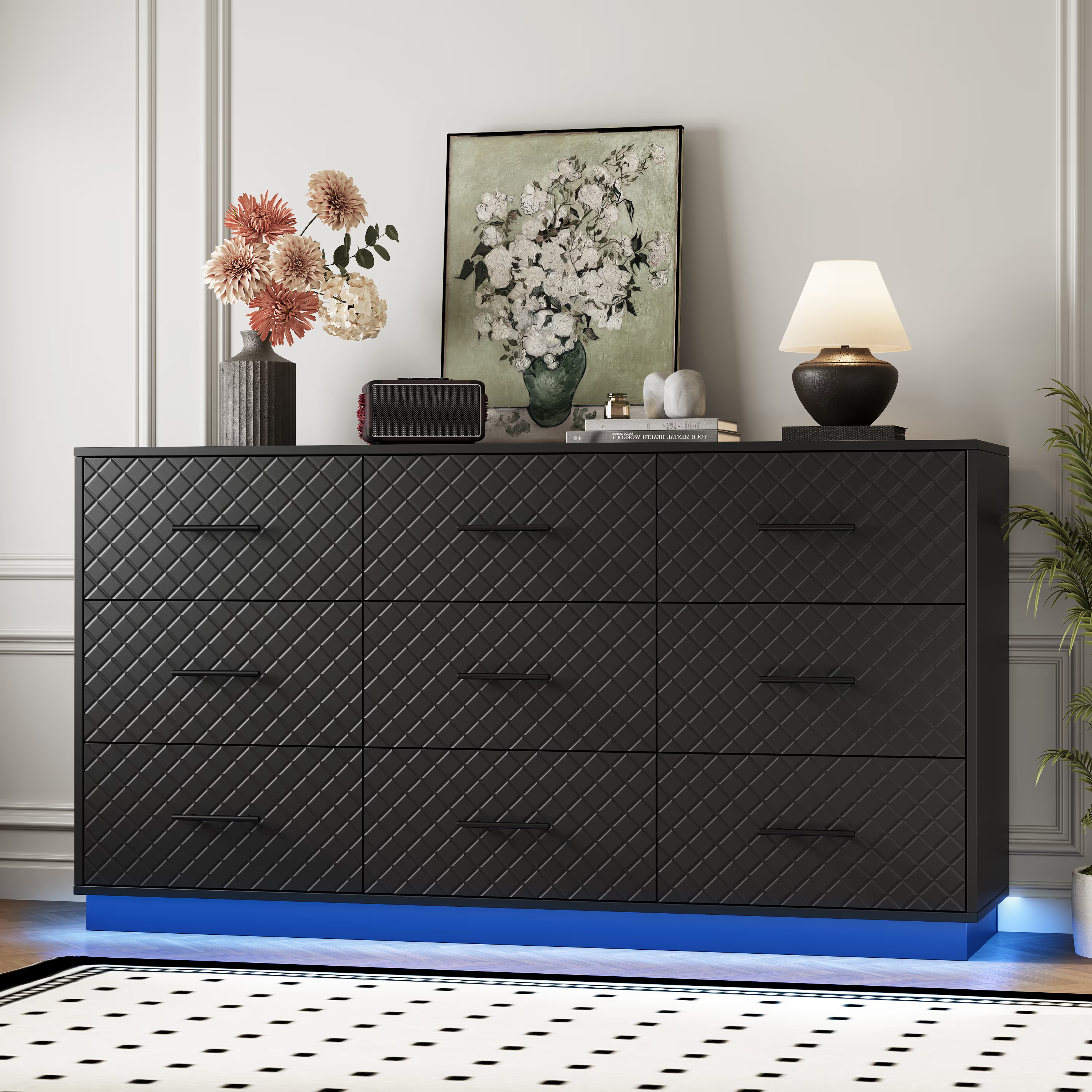 Black 9-drawer double dresser with LED light strips, diamond line front and floor-standing base