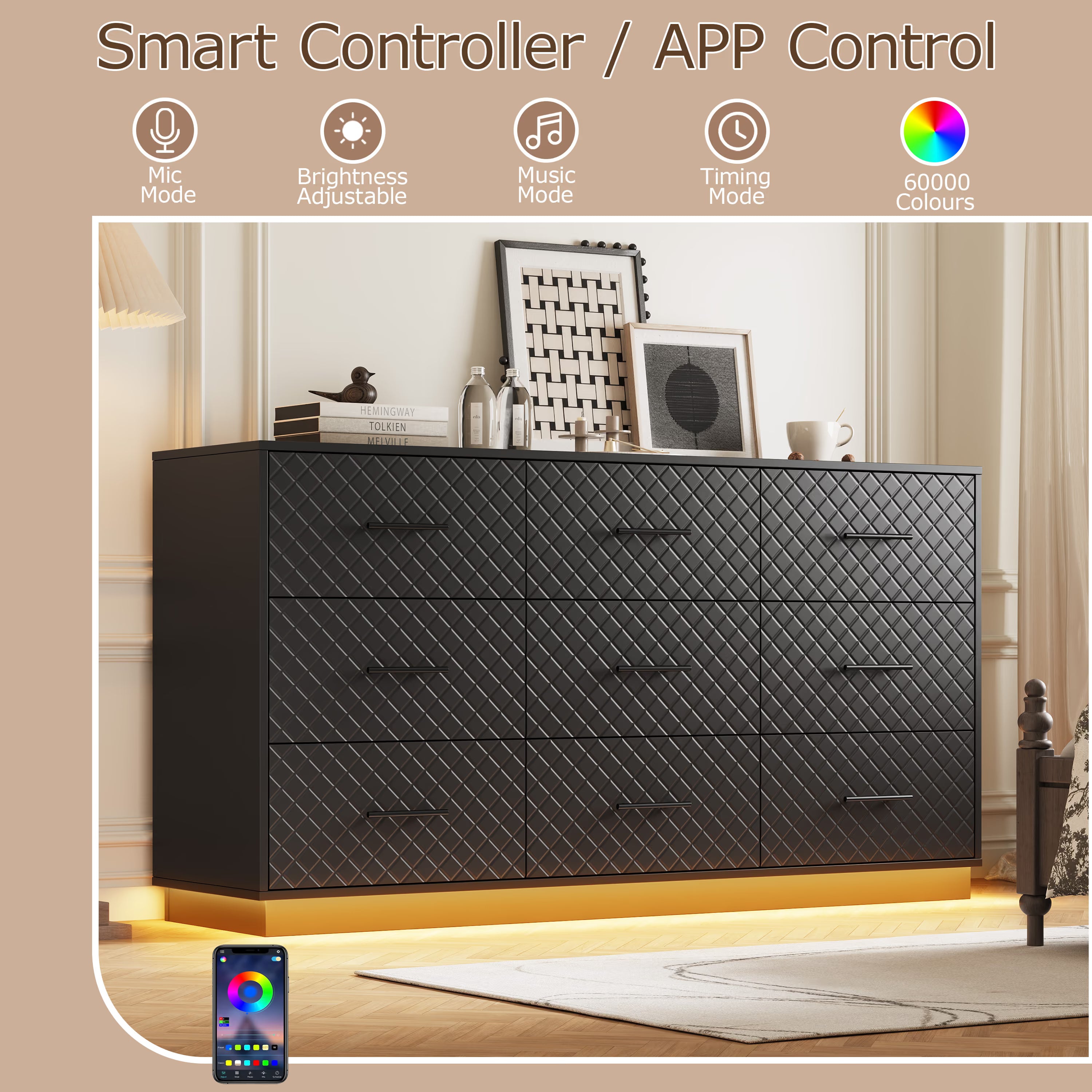 Smart controller and app control for the black dresser LED lights, with music and timing modes