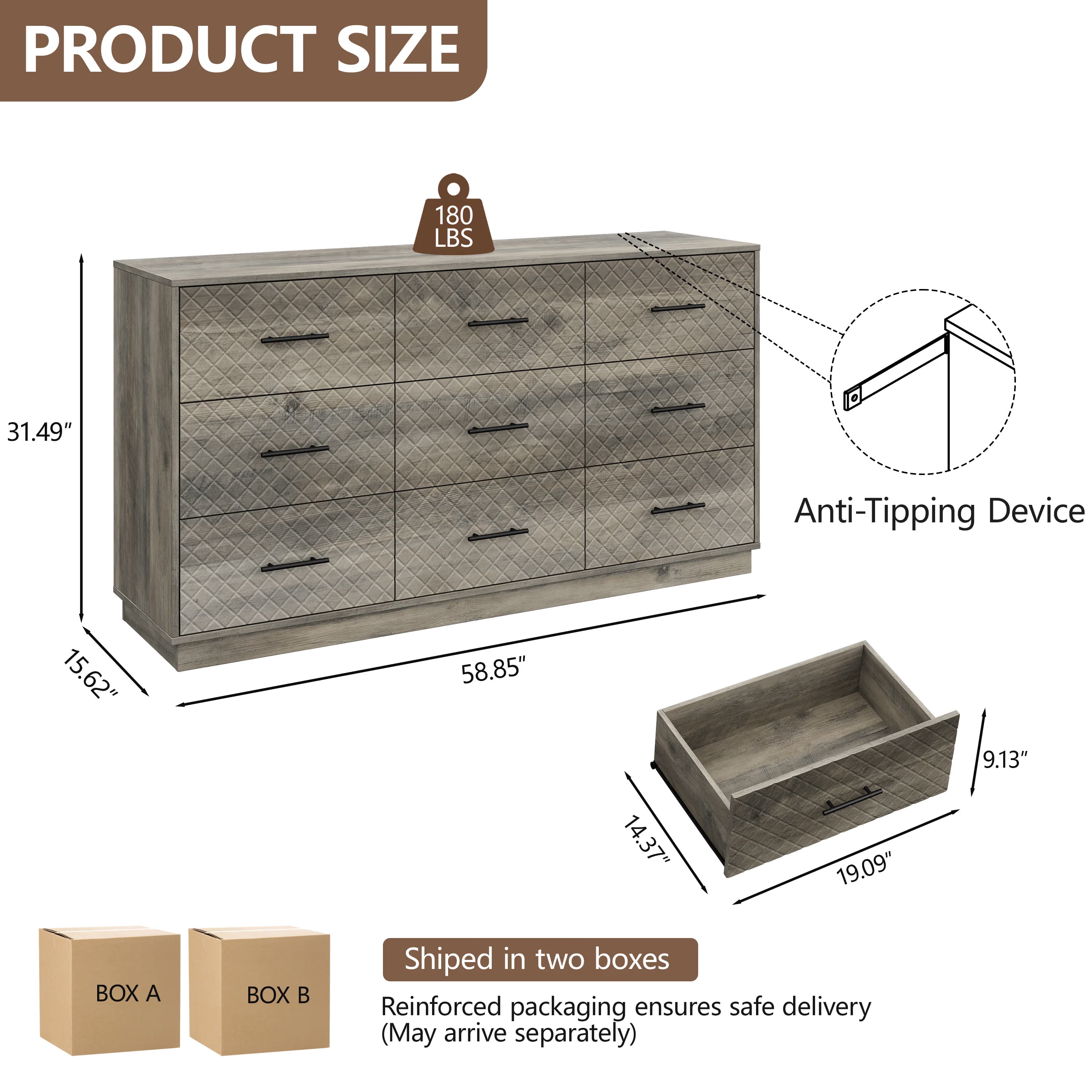 Wood gray 9-drawer double dresser dimensions: 58.85 in W x 15.62 in D x 31.49 in H, ships in two boxes