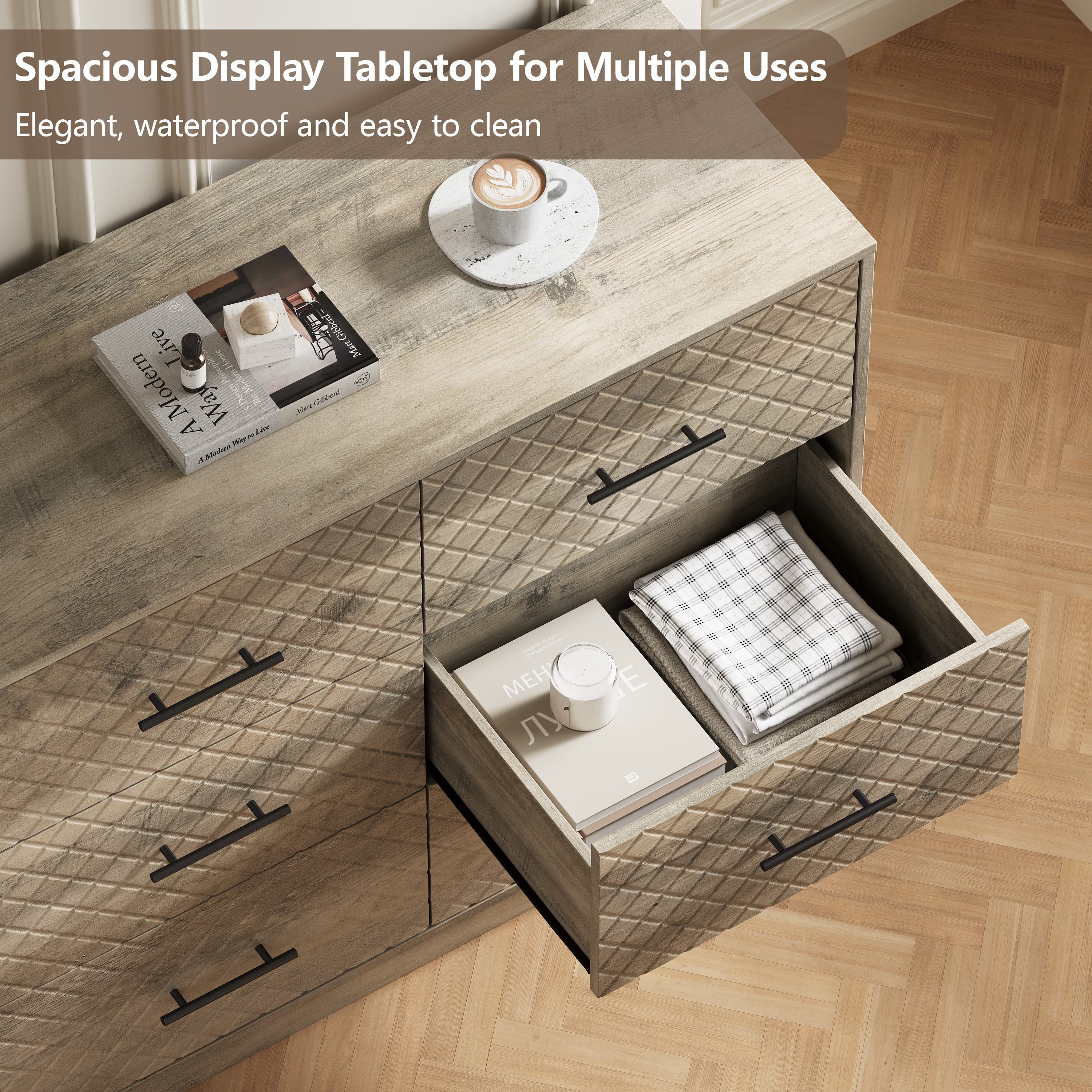 Spacious waterproof tabletop and deep drawer storage of the wood gray 9-drawer dresser