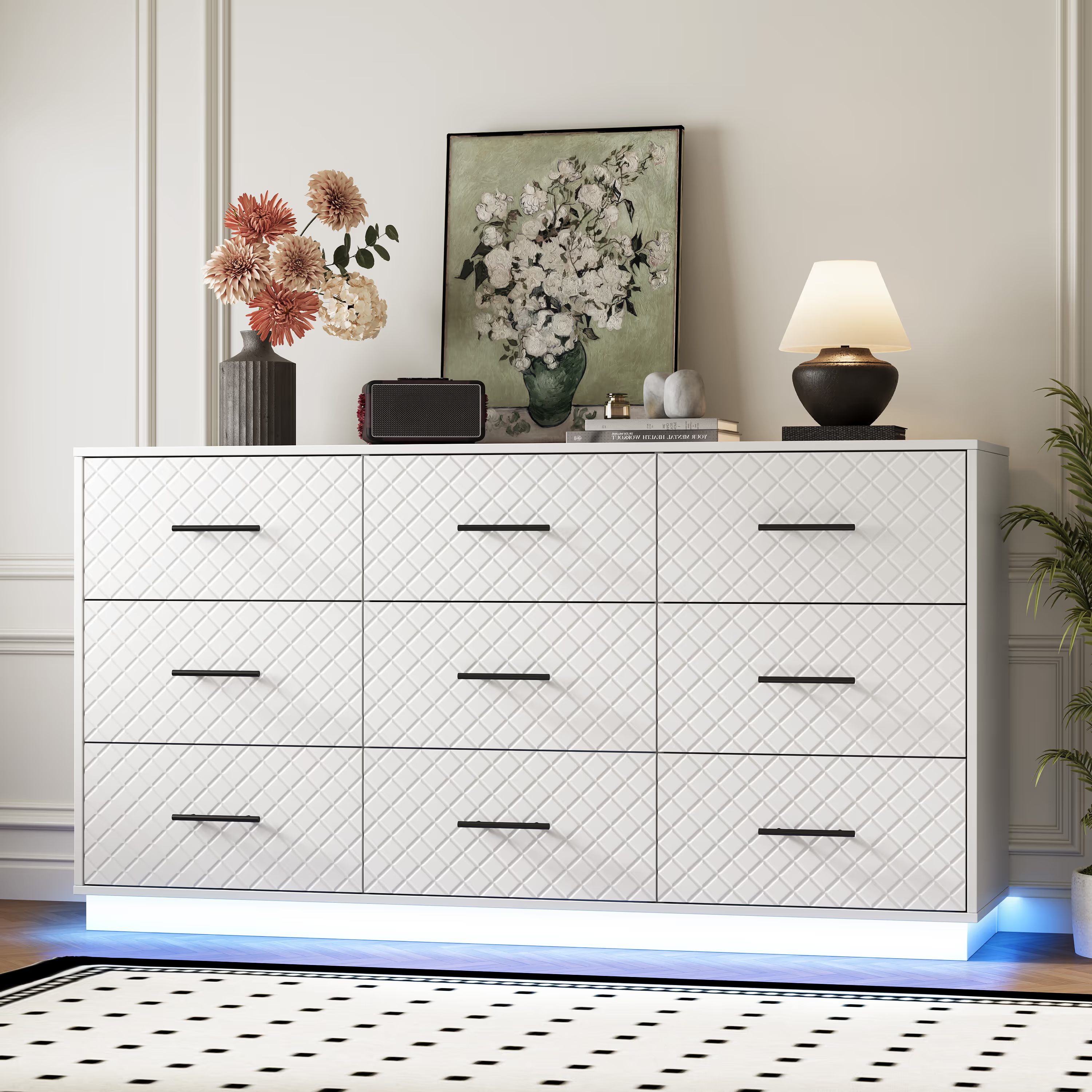 White 9-drawer double dresser with LED light strips, diamond line front and floor-standing base