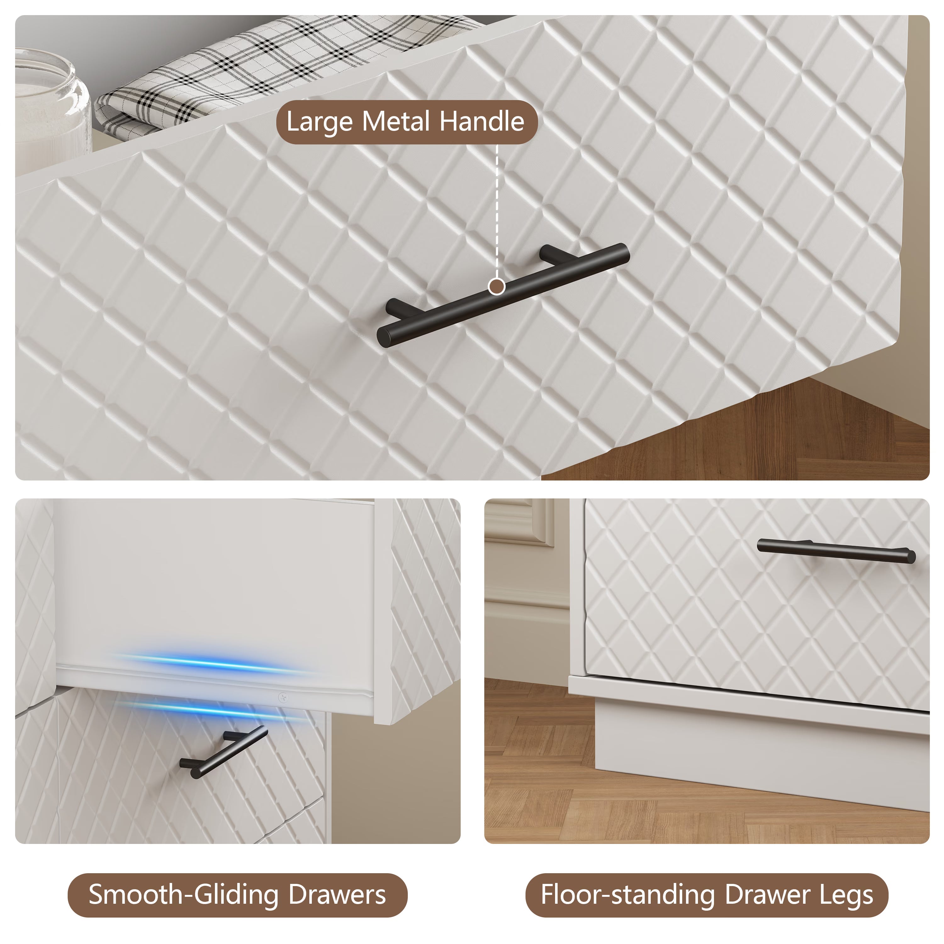 White dresser details: large metal handles, smooth-gliding drawers and floor-standing legs