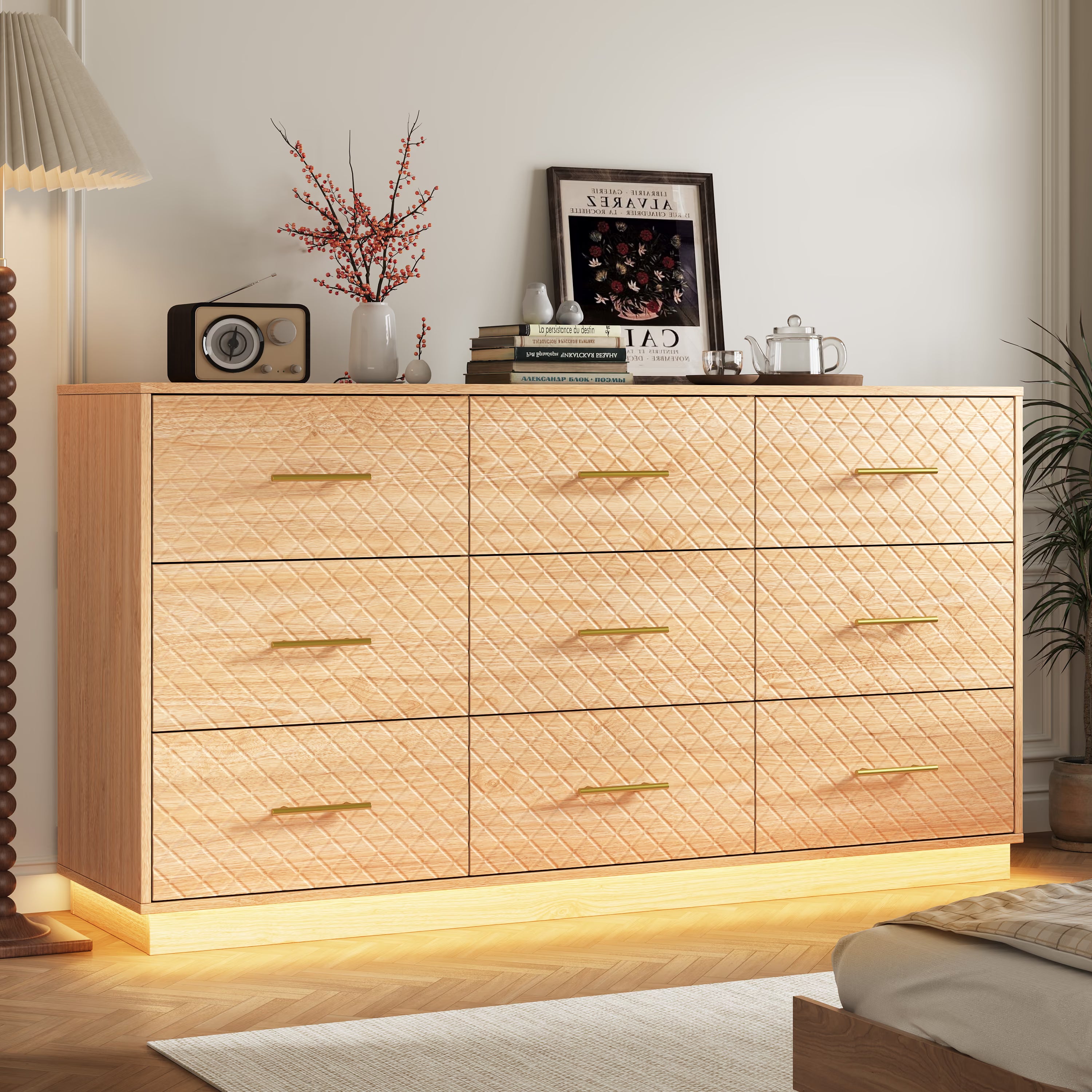 Oak wood 9-drawer dresser with warm LED light strip glowing in a bedroom