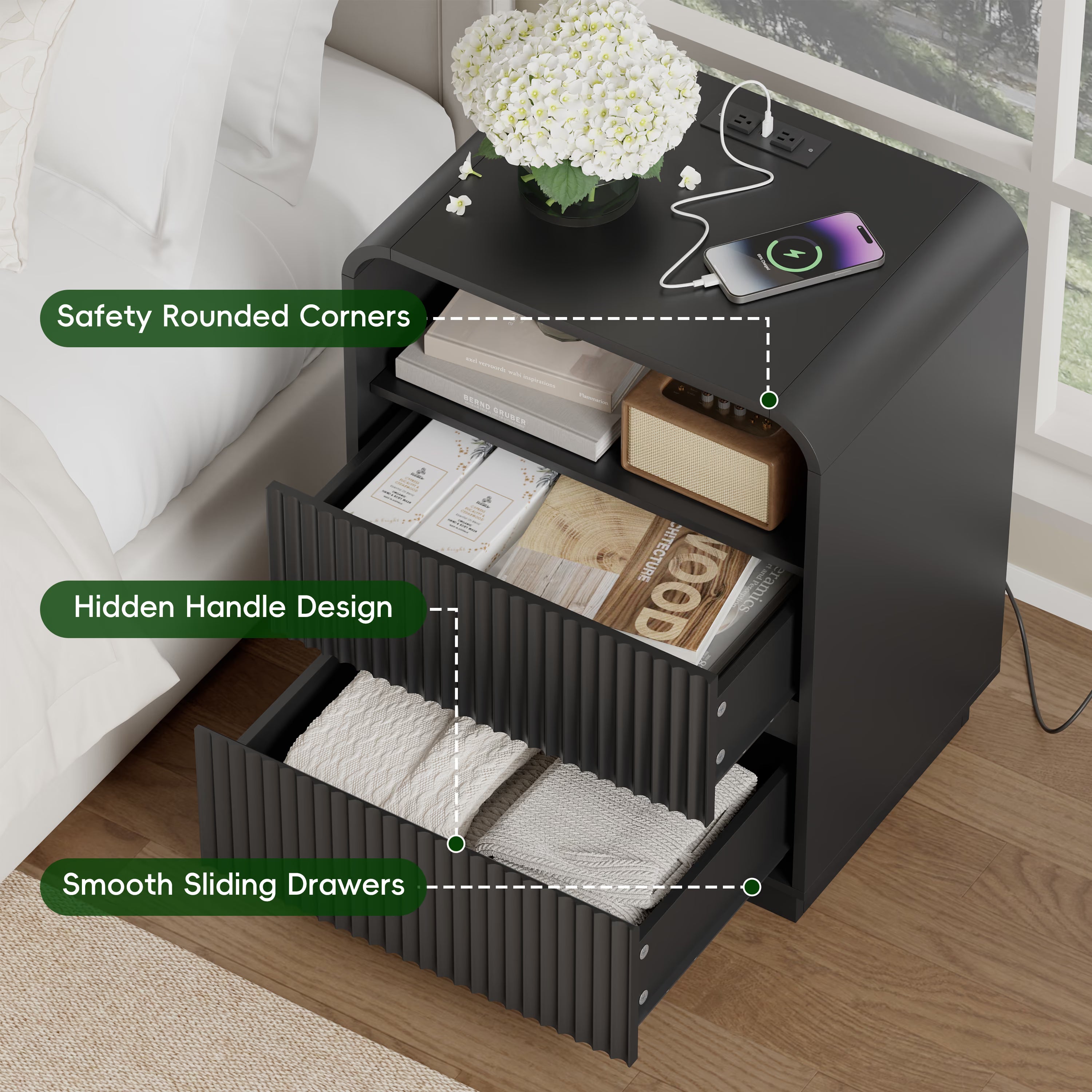 Anymaple Linea Black fluted nightstand with charging station charging station, anti-tip, and easy-clean bedside storage detail