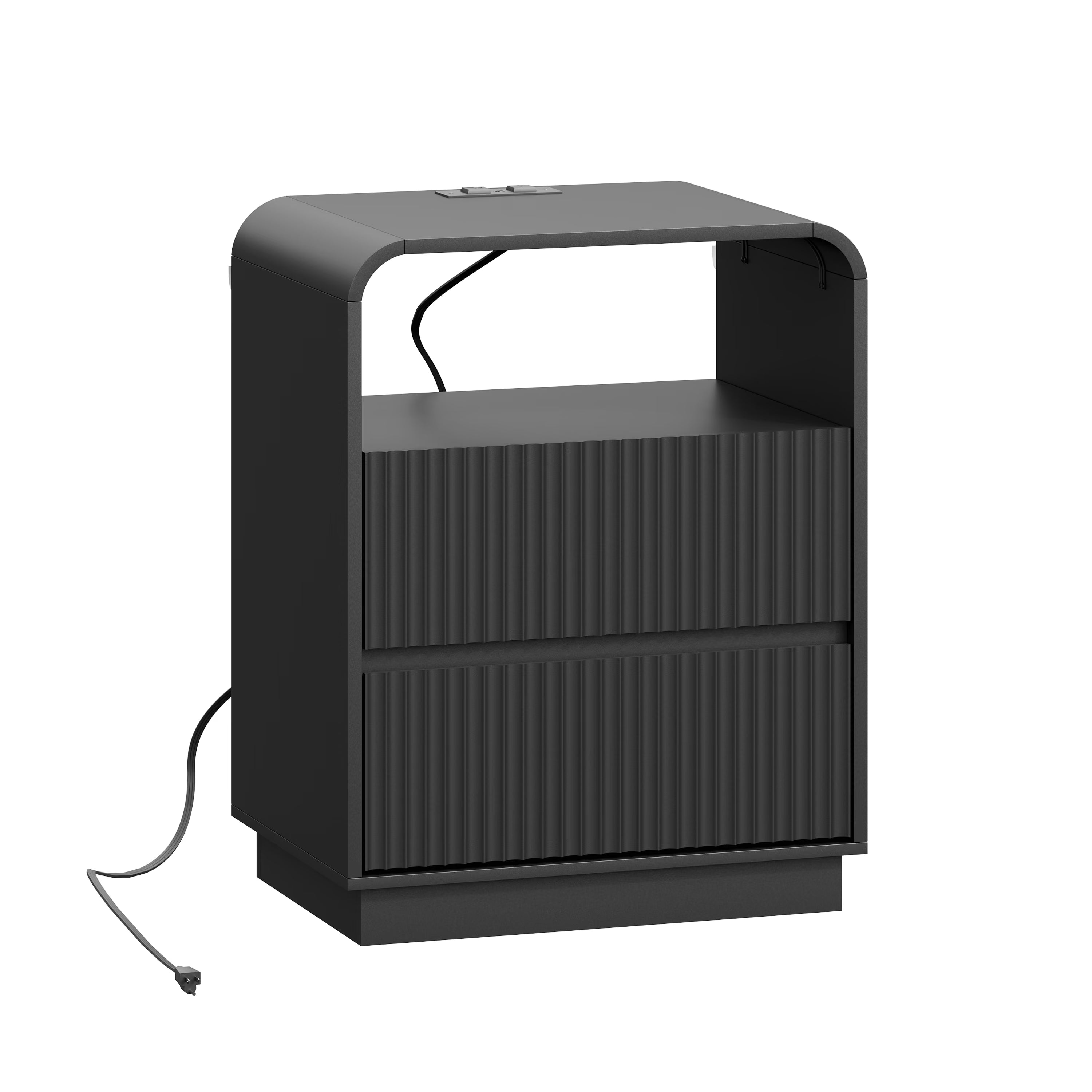 Anymaple Linea Black fluted nightstand with charging station open drawer storage for bedside essentials