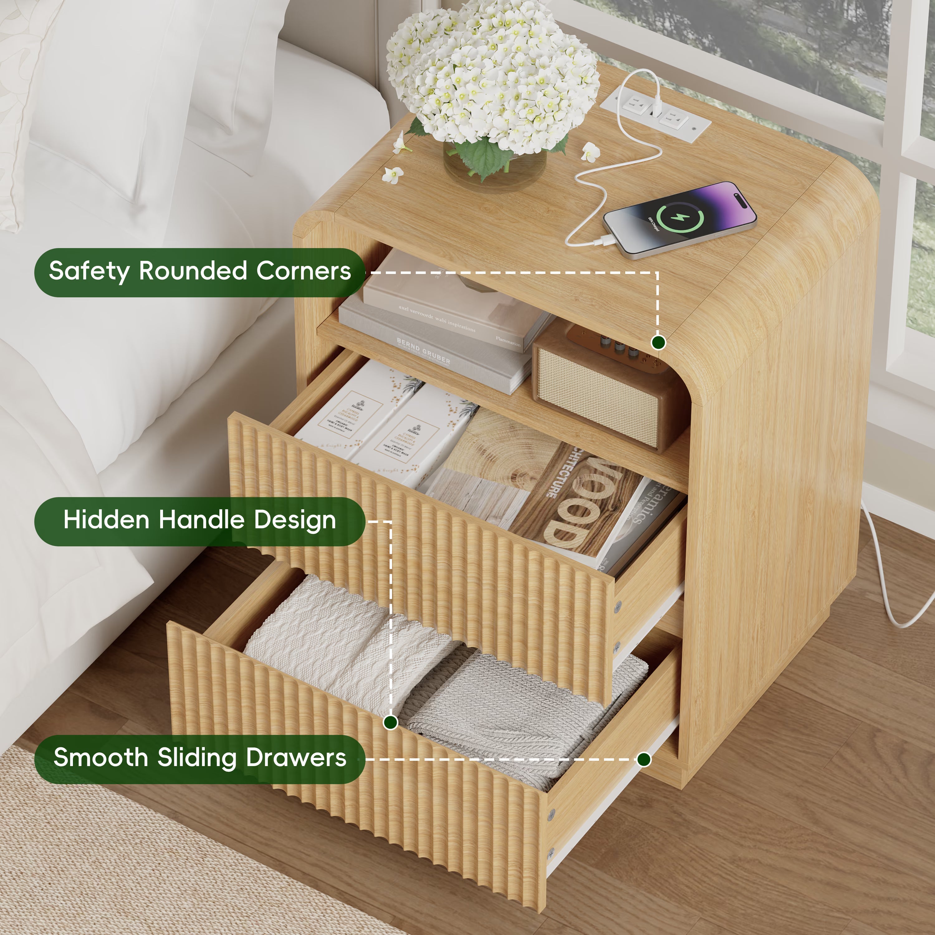 Anymaple Linea Oak fluted nightstand with charging station charging station, anti-tip, and easy-clean bedside storage detail