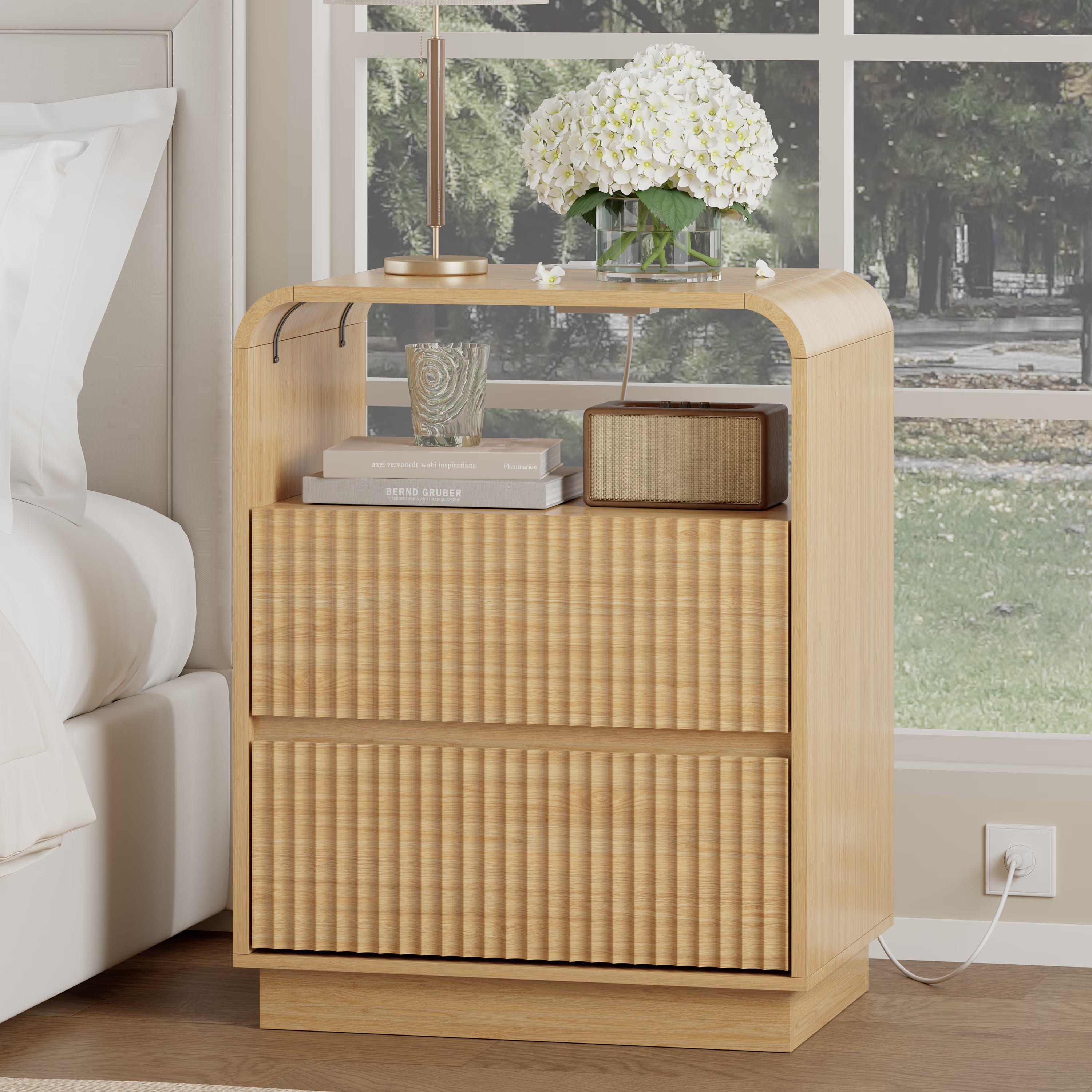 Anymaple Linea Oak fluted nightstand with charging station bedside main view with rounded fluted front