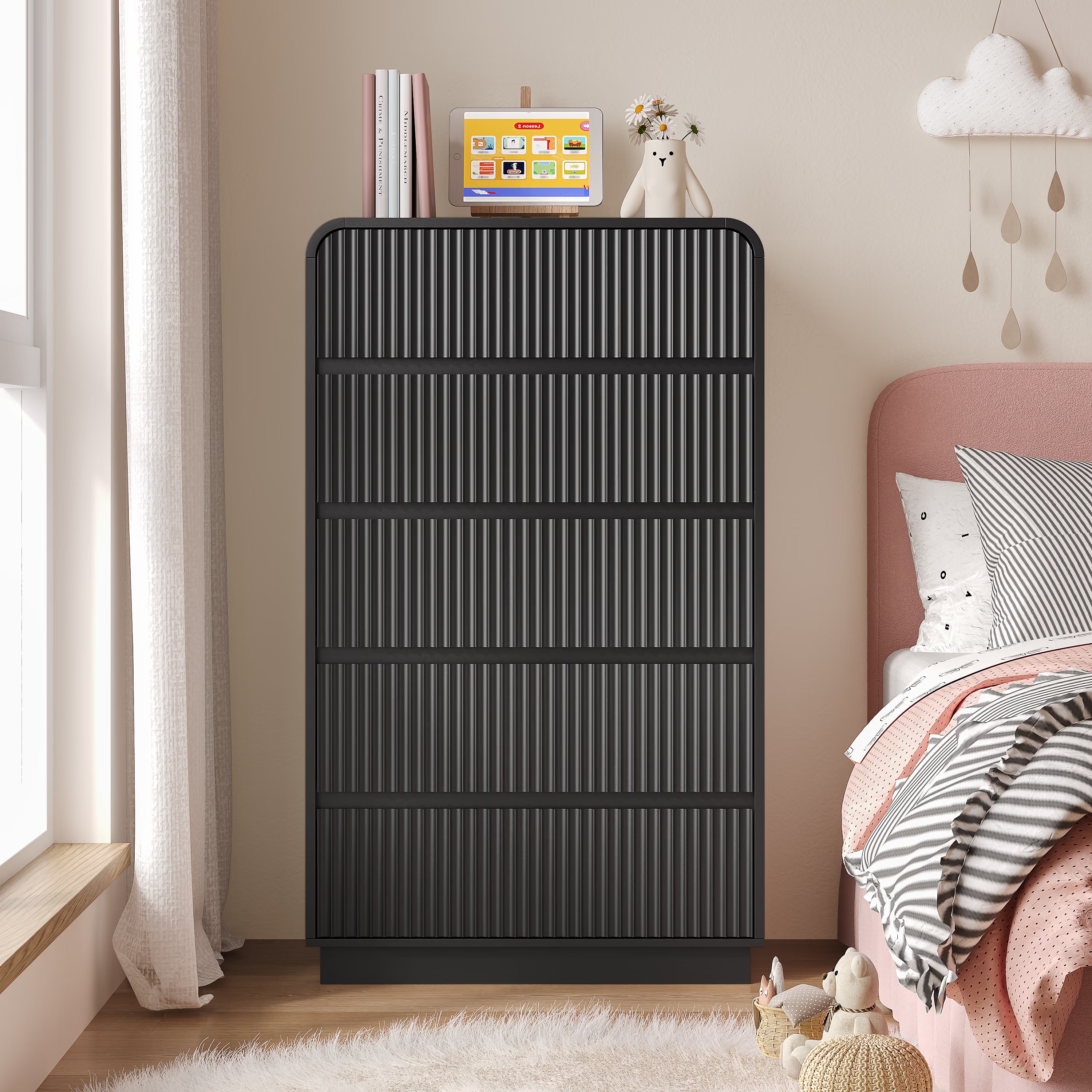 Anymaple Linea Black fluted 5-drawer tall dresser anti-tip hardware, easy-clean top, and fluted drawer detail