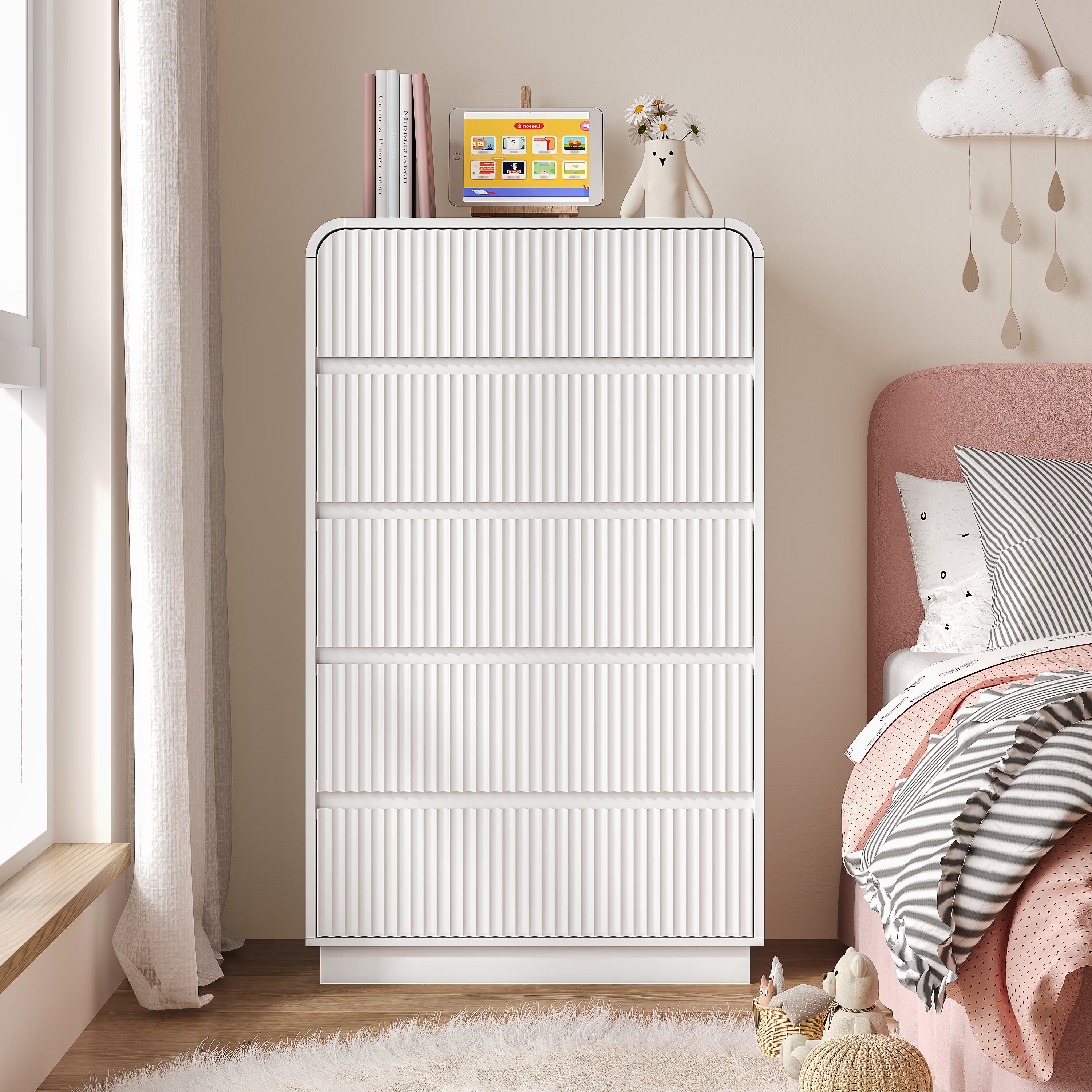 Anymaple Linea White fluted 5-drawer tall dresser anti-tip hardware, easy-clean top, and fluted drawer detail