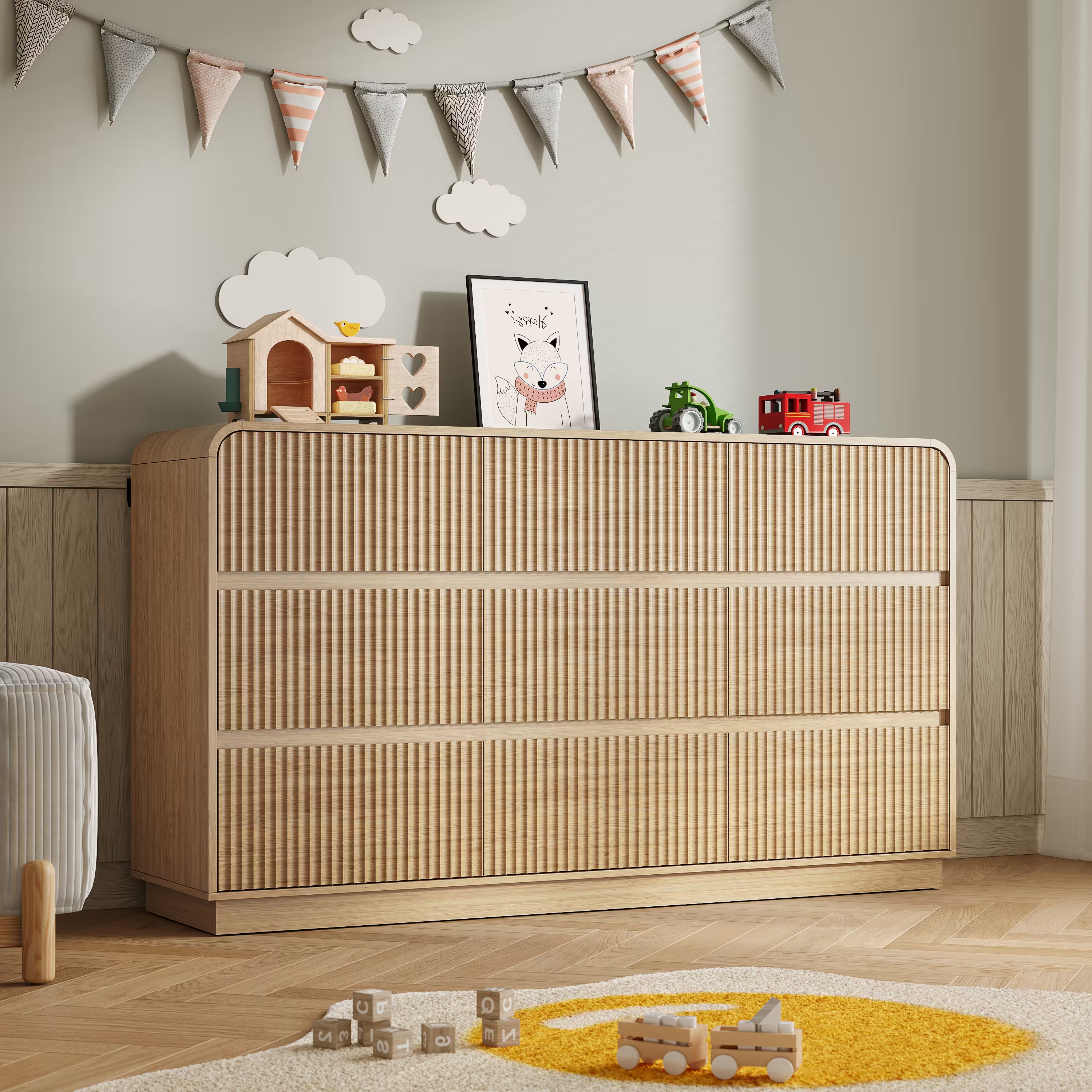Mother and baby enjoying a clean and organized nursery with our premium oak wood dresser