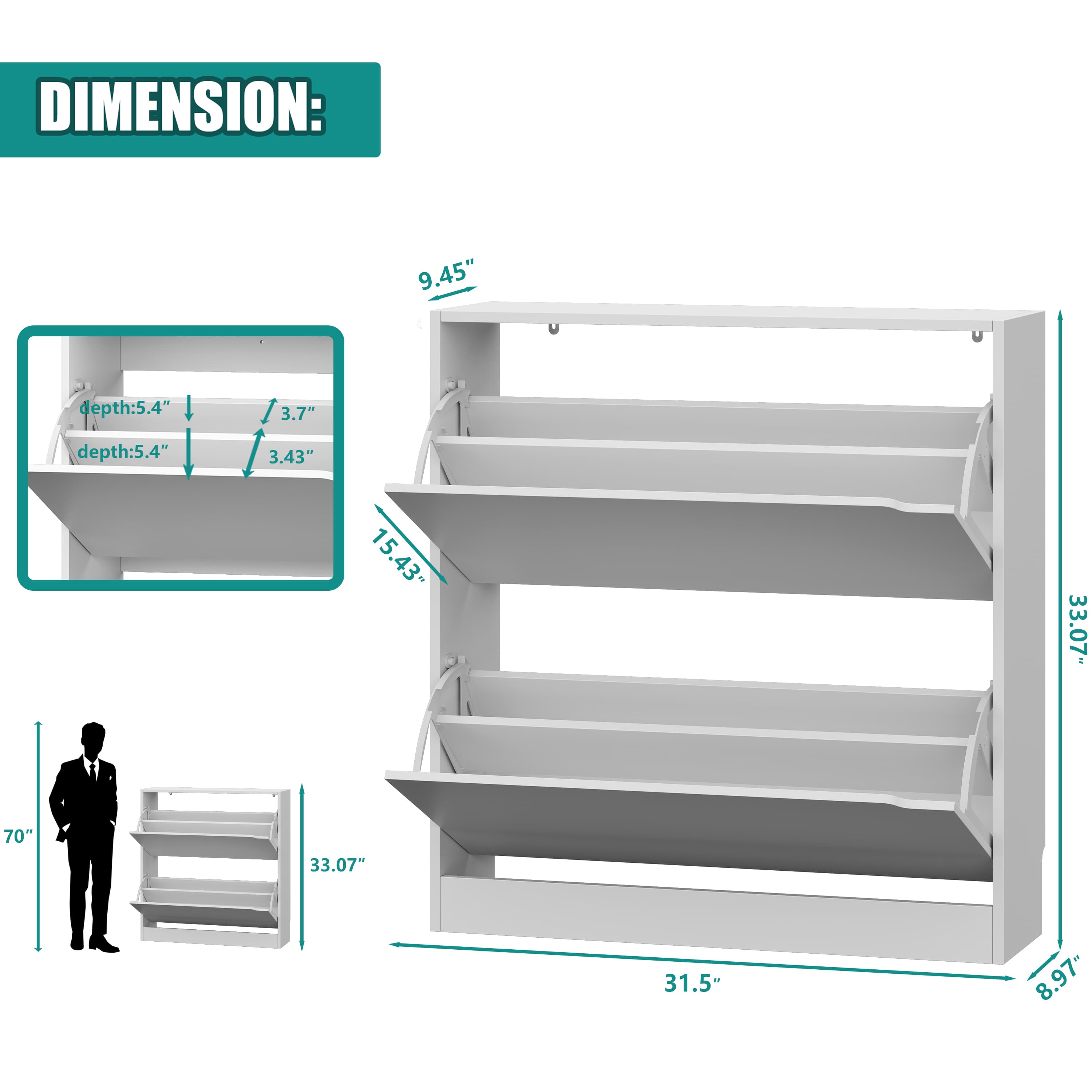 Detailed dimensions of the white narrow shoe cabinet. This slim shoe cabinet is perfectly sized to fit in tight hallways and compact entryways without sacrificing space.