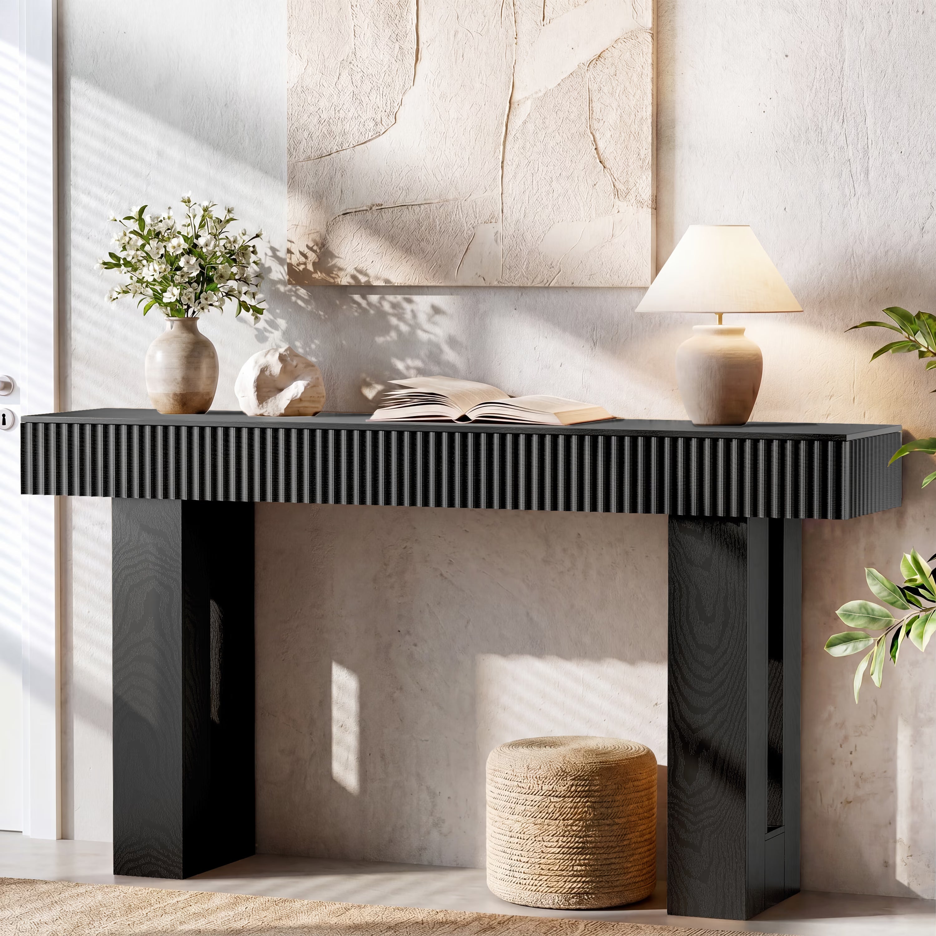 Anymaple HLG193 Black 63 inch fluted console table, entryway table styled with decor for a modern foyer