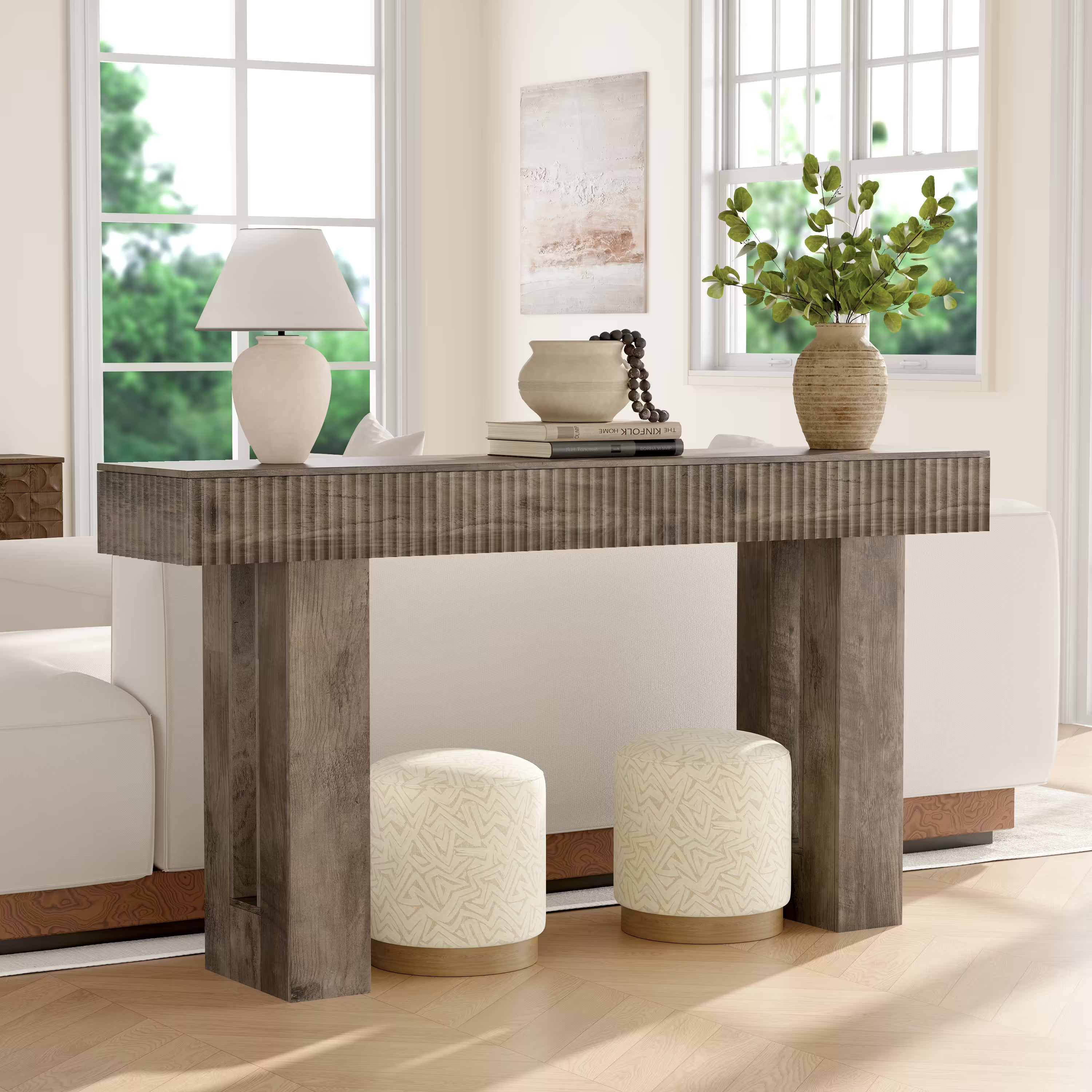 Anymaple HLG193 Gray 63 inch fluted console table, behind couch sofa table layout for living room storage and display
