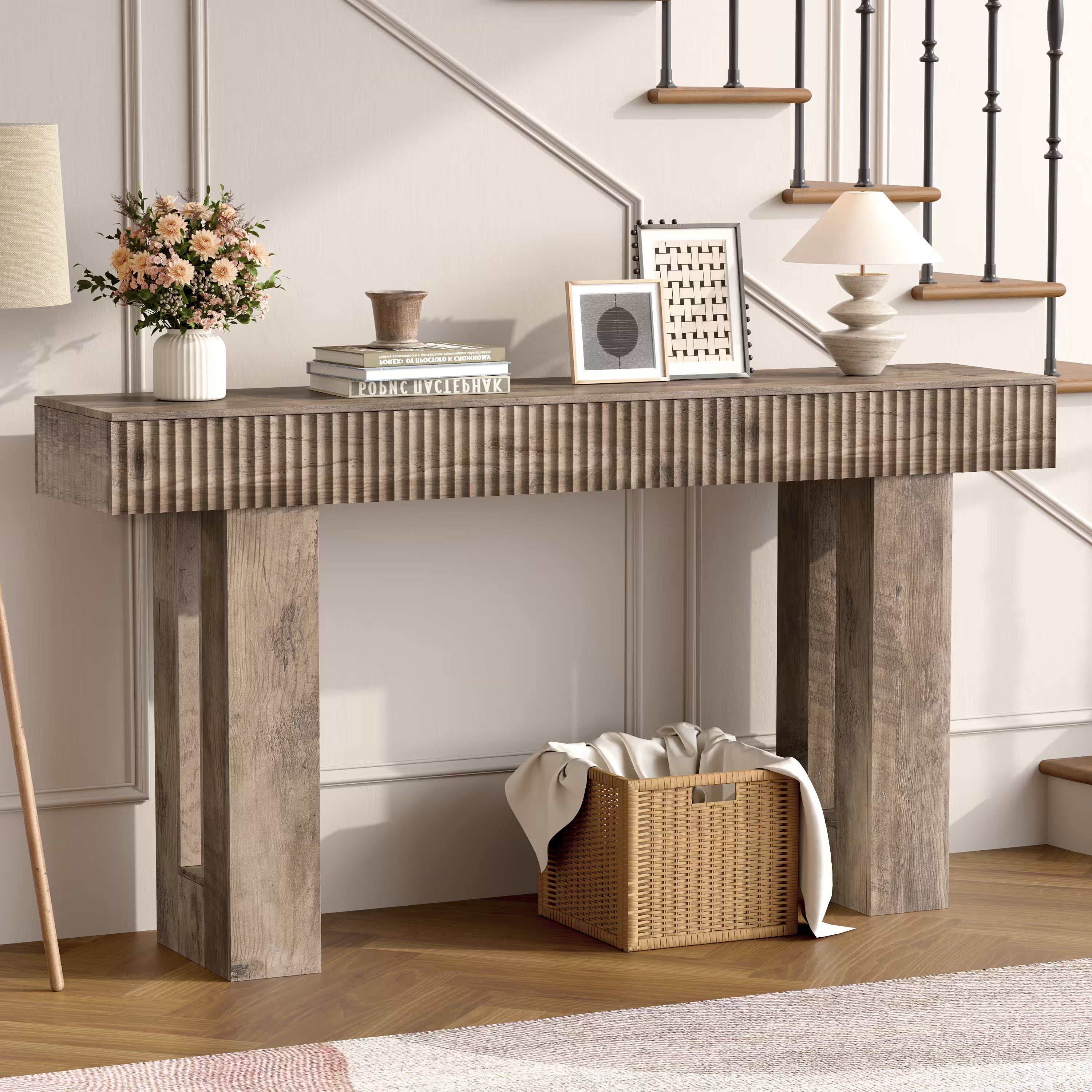 Anymaple HLG193 Gray 63 inch fluted console table, hallway console table styled under stairs with lamps and decor