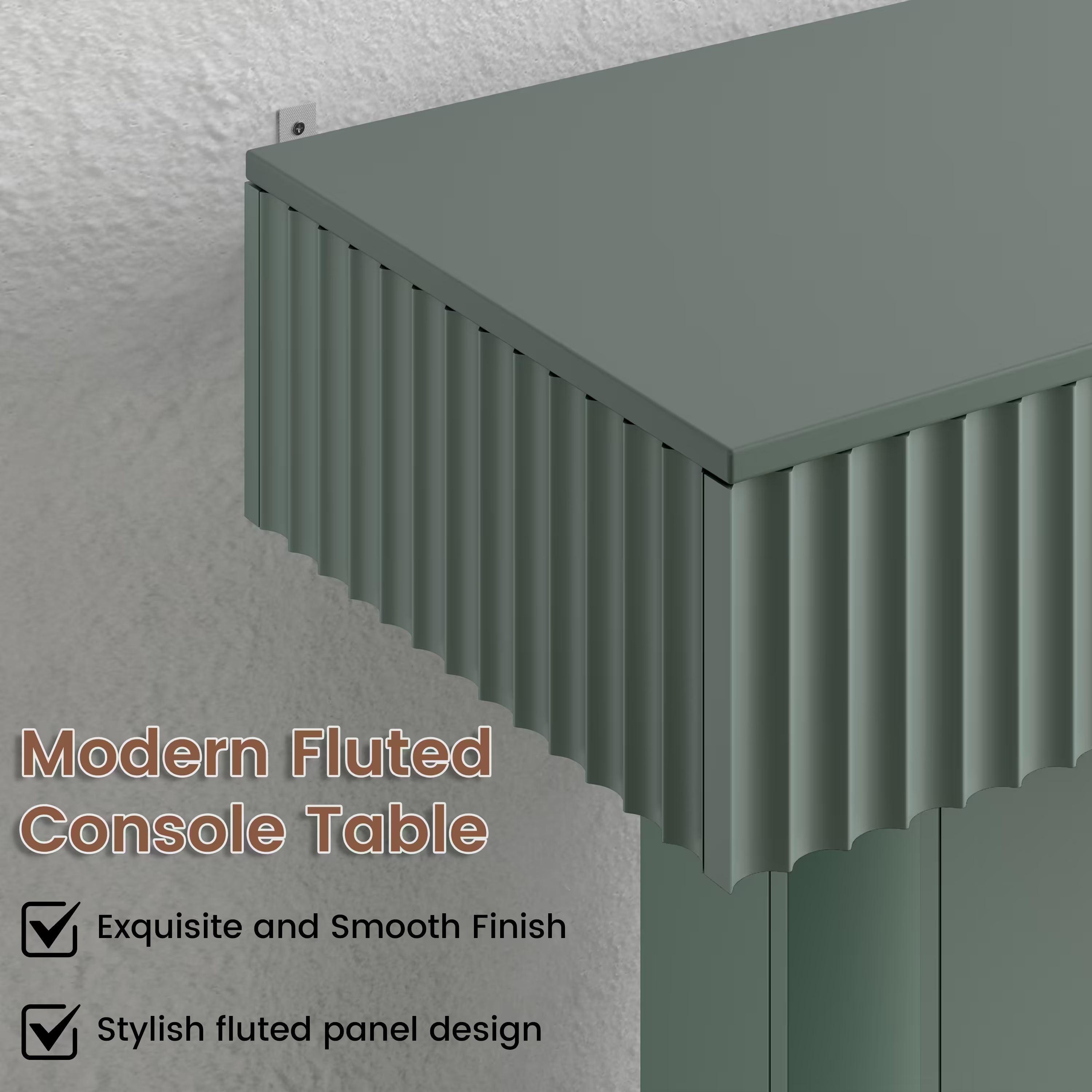 Anymaple HLG193 Green 63 inch fluted console table, close up of fluted panel texture and wood grain finish