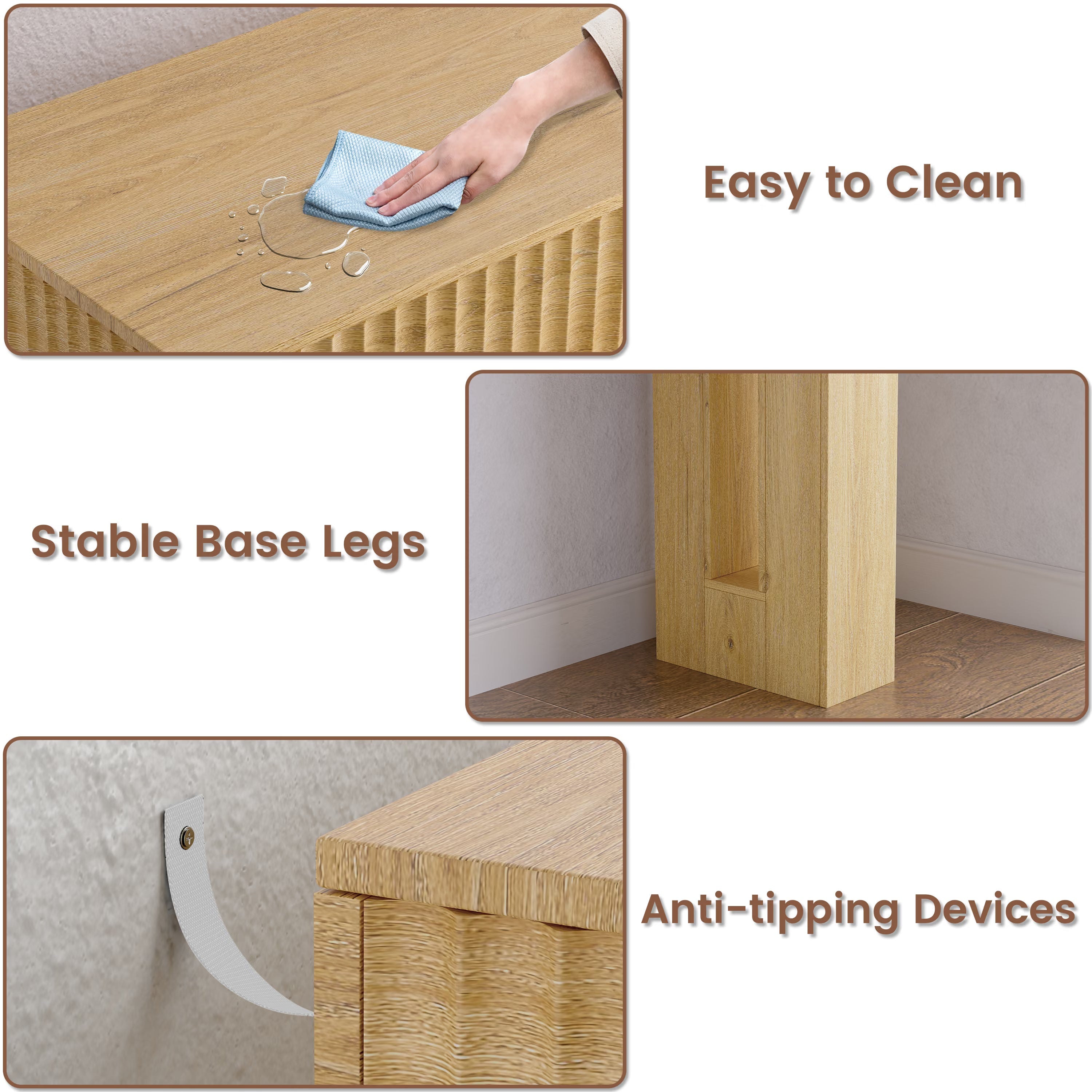Anymaple HLG193 Oak 63 inch fluted console table, detail view with easy clean surface stable legs and anti tip hardware