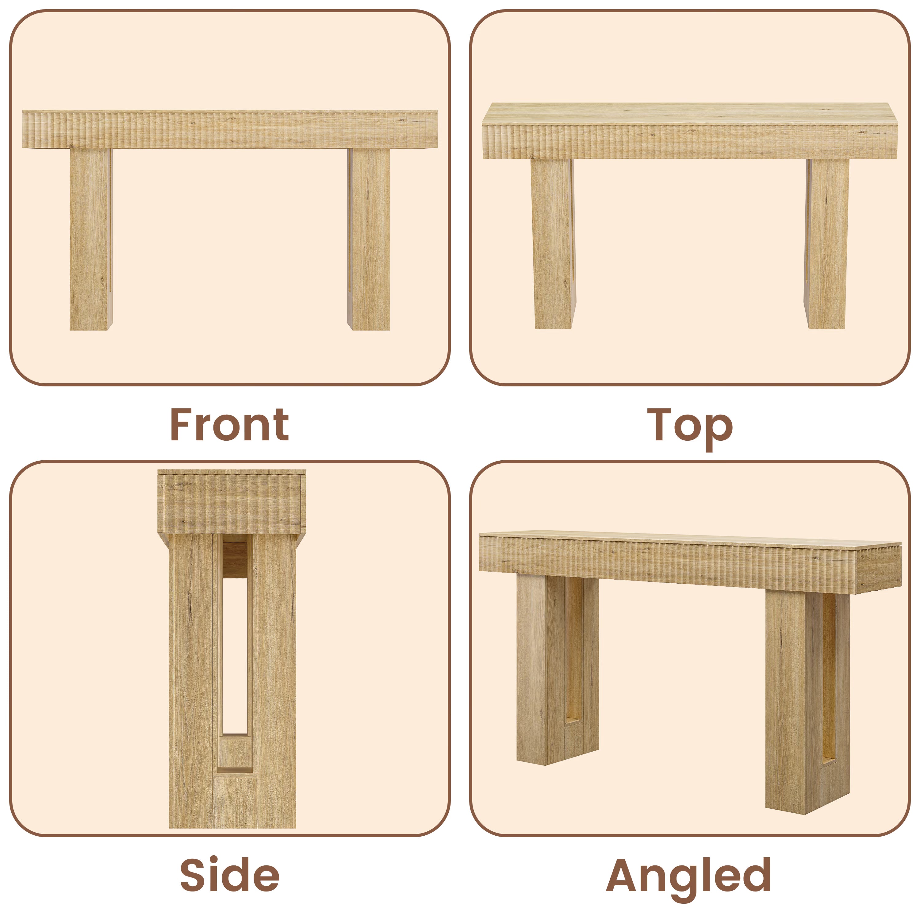 Anymaple HLG193 Oak 63 inch fluted console table, multi angle structure view showing front side top and leg details