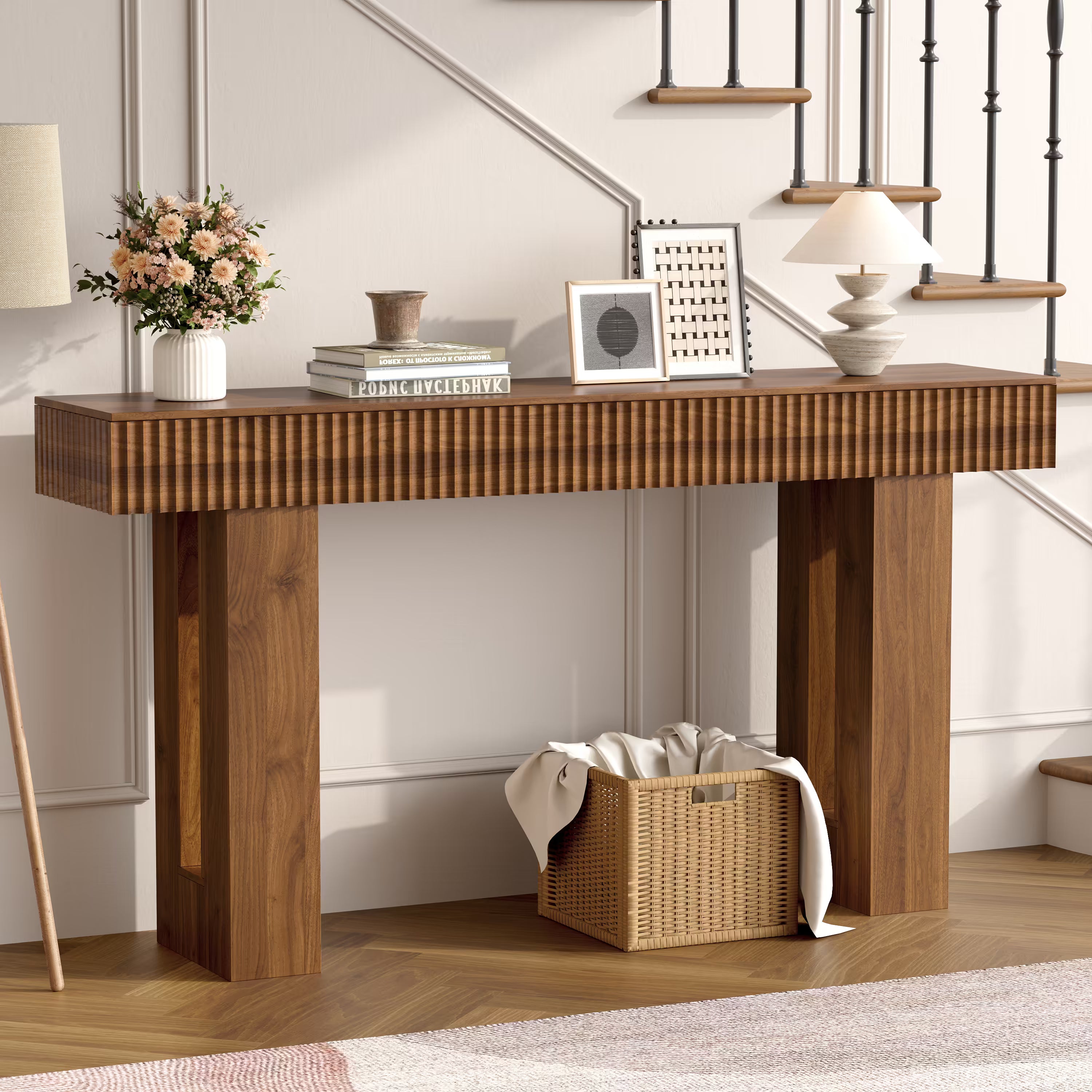 Anymaple HLG193 Walnut 63 inch fluted console table, hallway console table styled under stairs with lamps and decor