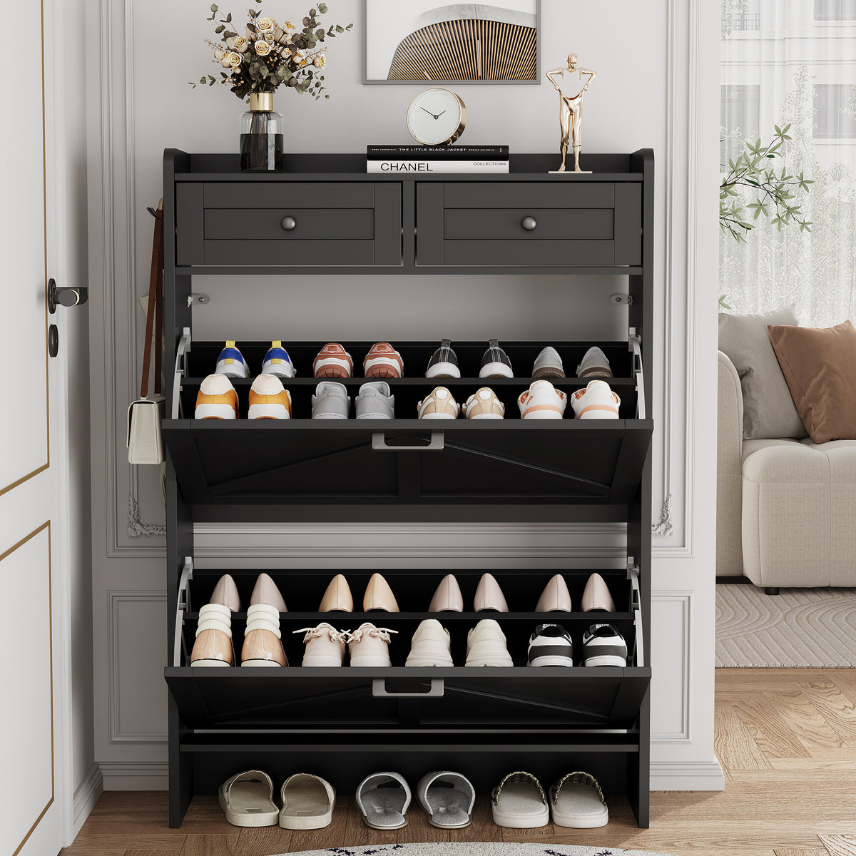 Anymaple Newport Black 2-door shoe cabinet, stable farmhouse style cabinet detail for daily home use