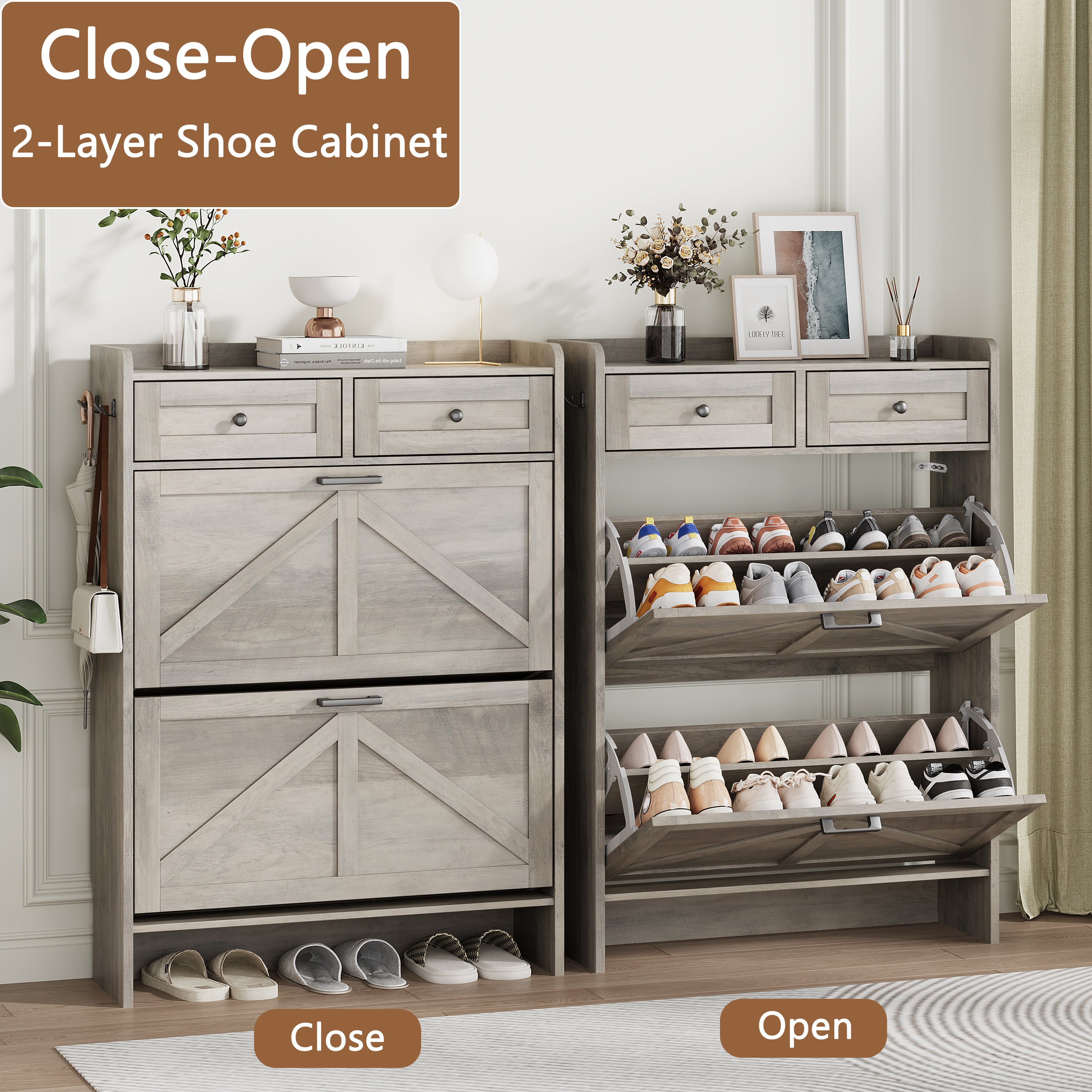 Anymaple Newport Gray 2-door shoe cabinet, flip drawer storage for sneakers flats sandals and daily shoes
