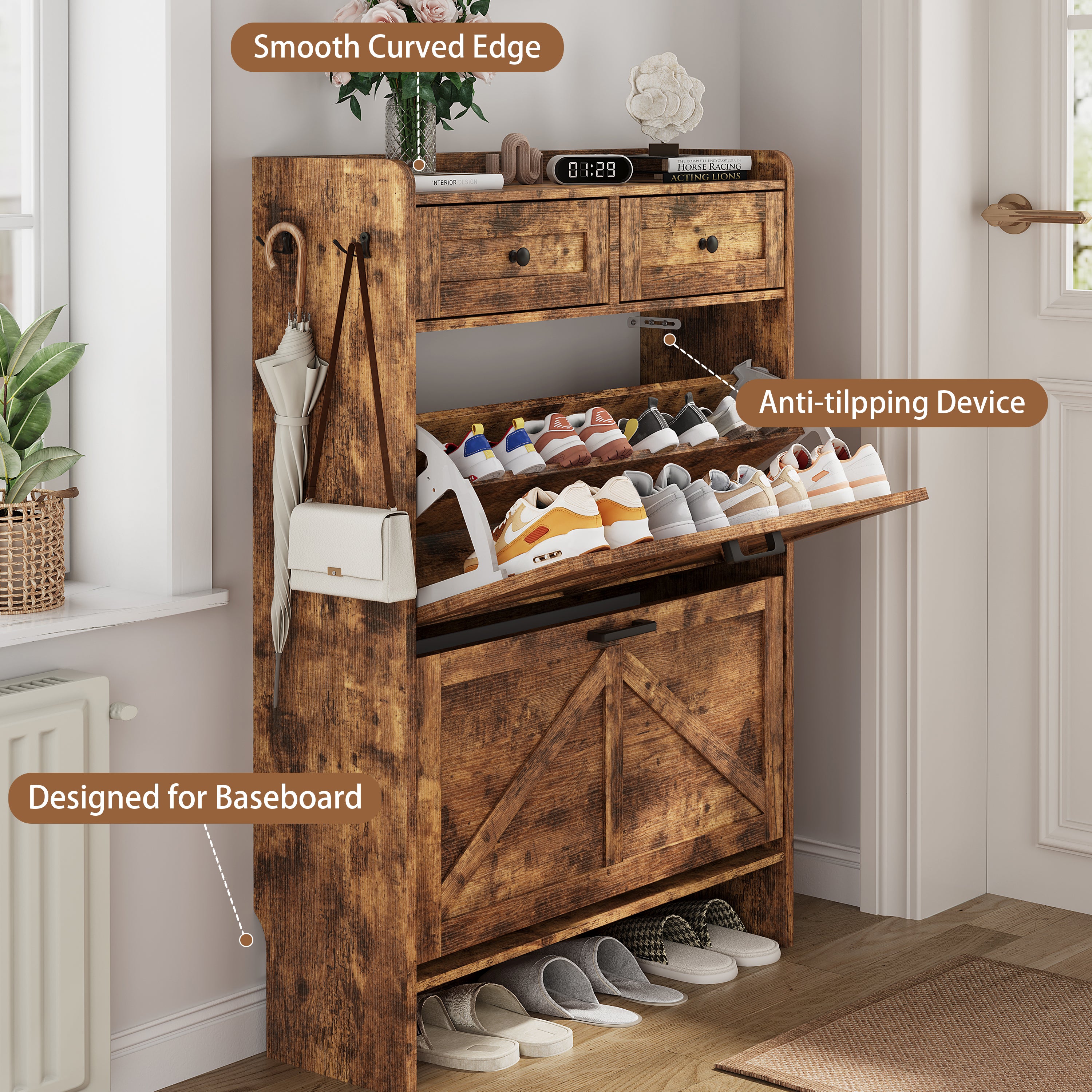 Anymaple Newport Brown 2-door shoe cabinet, hidden shoe storage that keeps footwear out of sight and reduces clutter