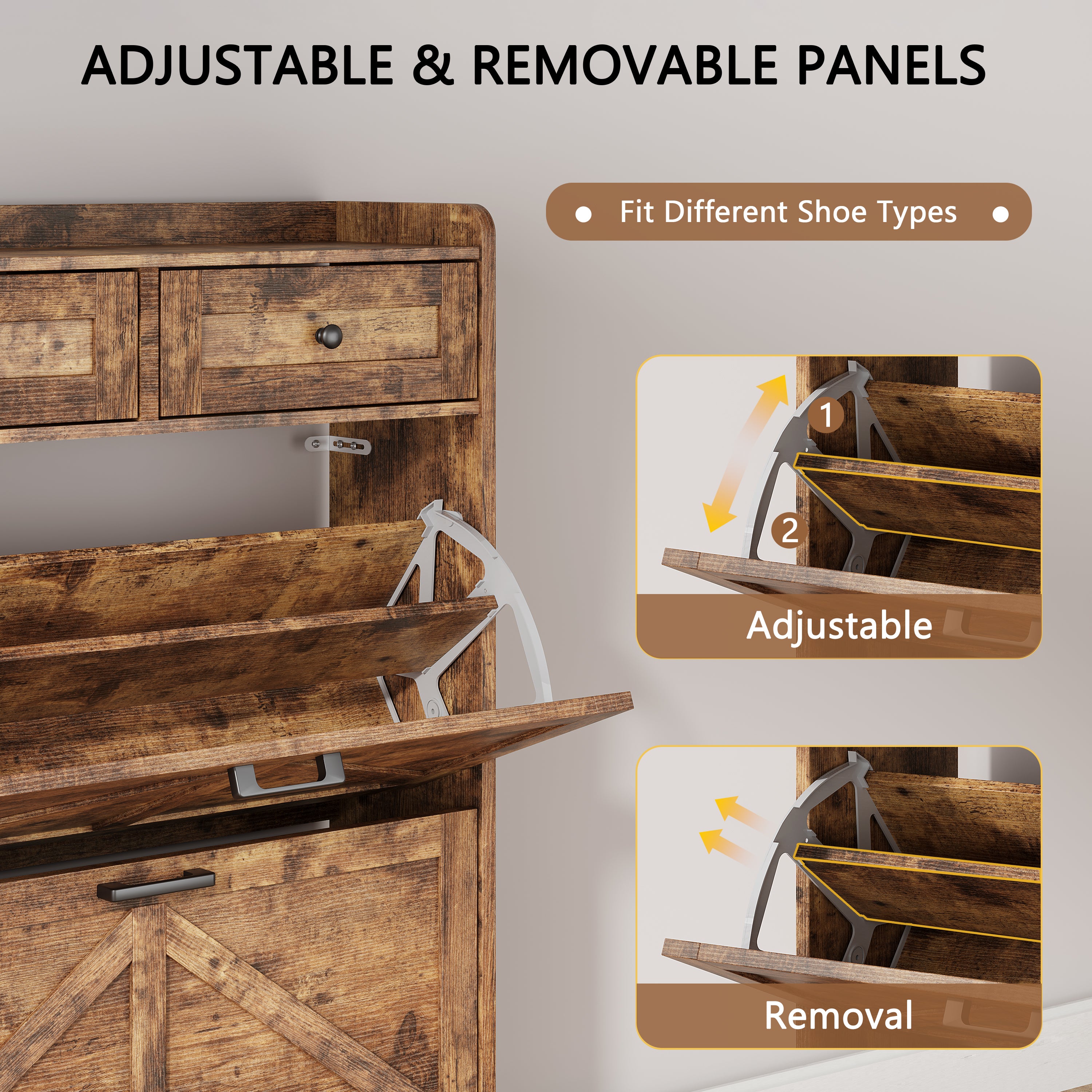 Anymaple Newport Brown 2-door shoe cabinet, top drawers for keys wallets accessories and entryway essentials