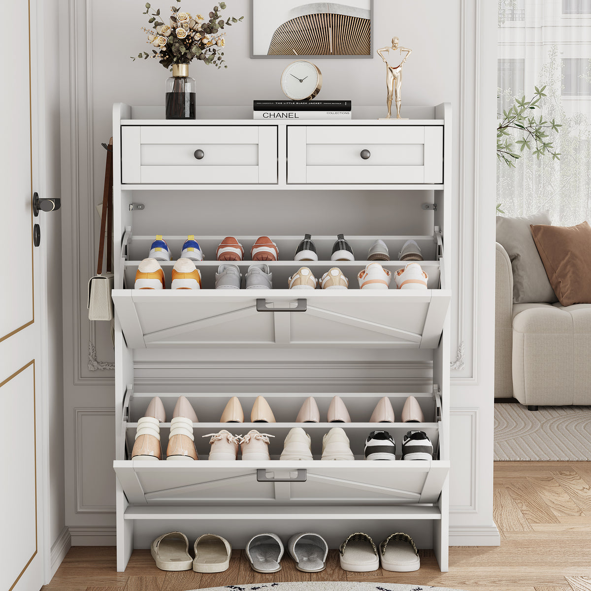 Anymaple Newport White 2-door shoe cabinet, flip drawer storage for sneakers flats sandals and daily shoes