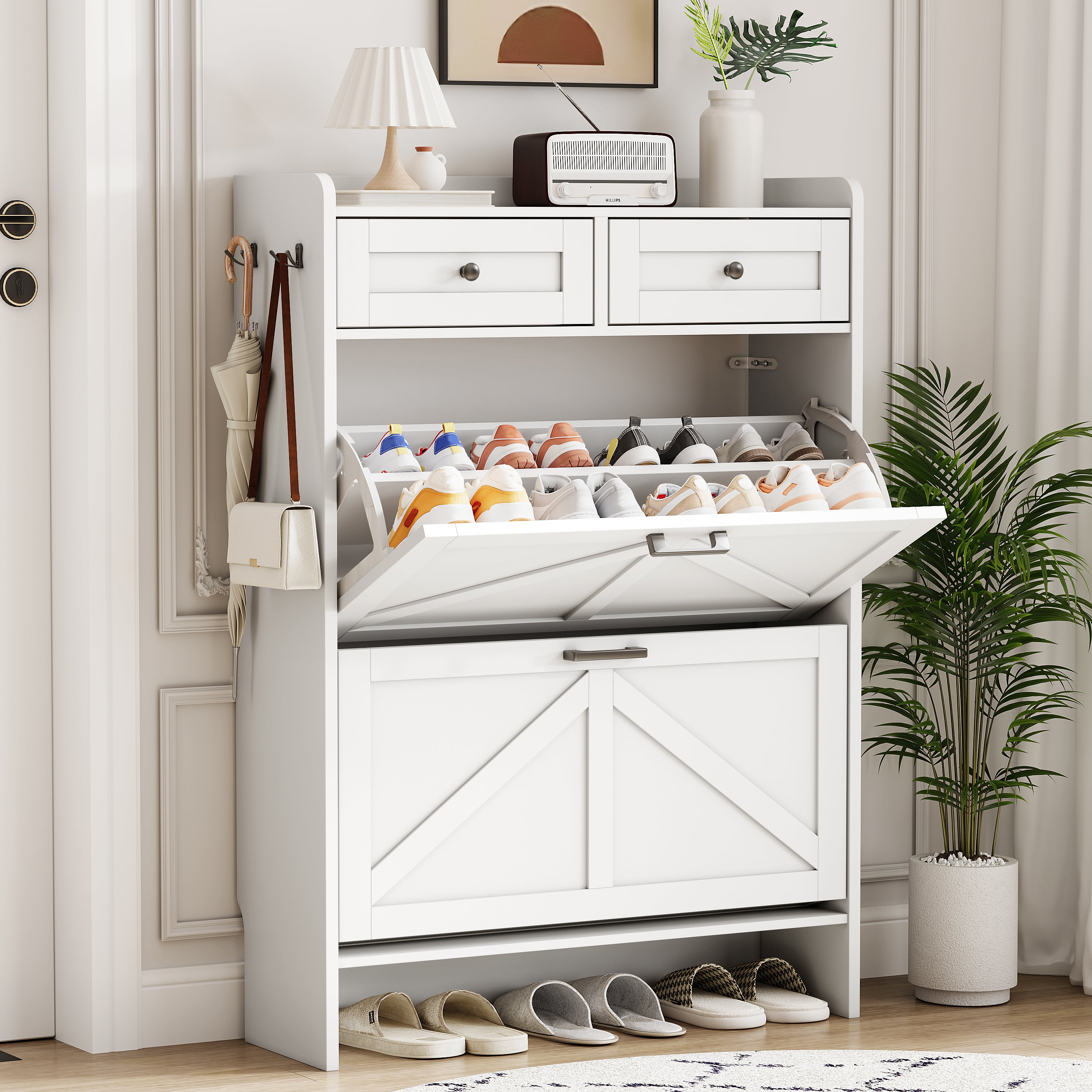 Anymaple Newport White 2-door shoe cabinet, large capacity shoe organizer cabinet for family footwear