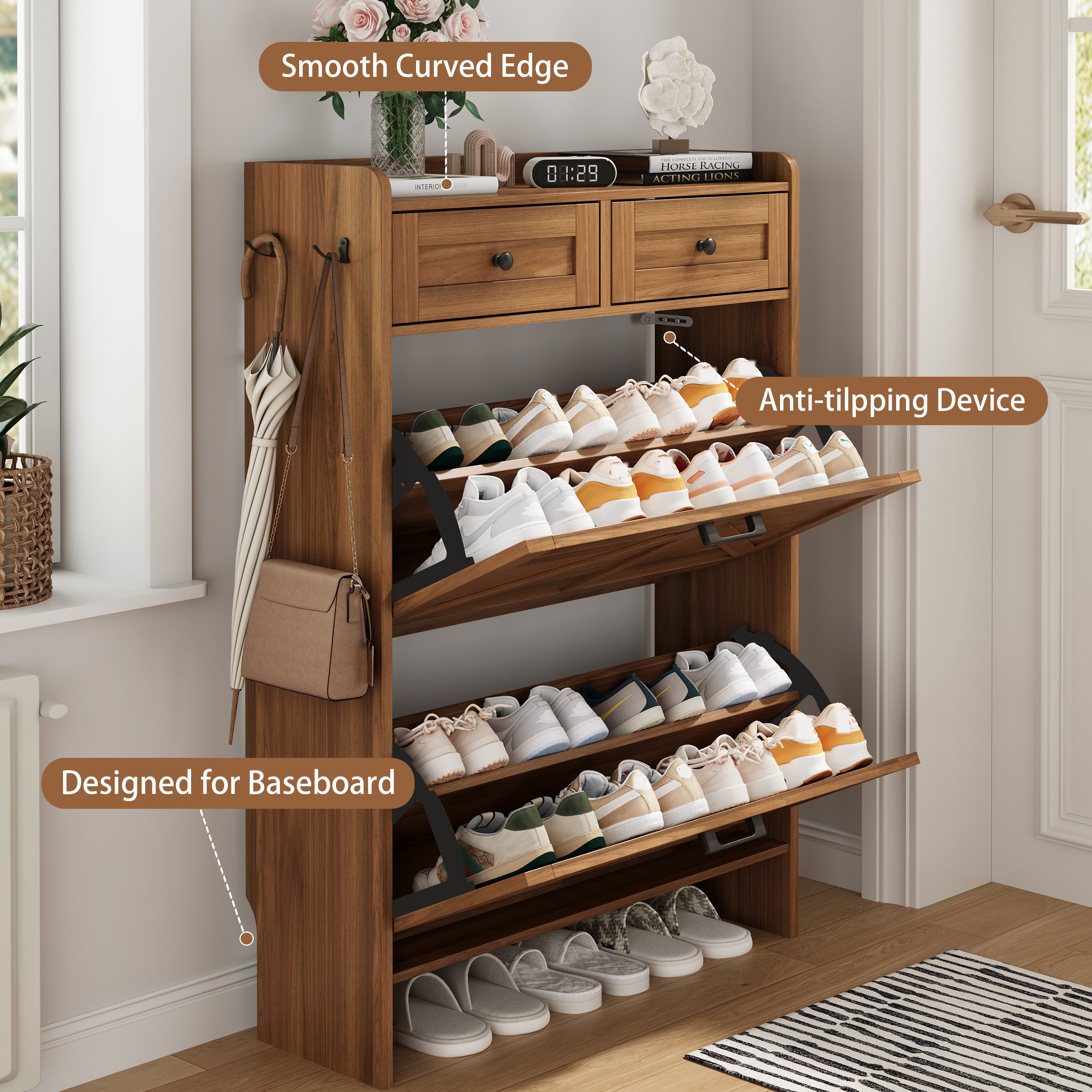 Anymaple Newport Walnut 2-door shoe cabinet, flip drawer storage for sneakers flats sandals and daily shoes
