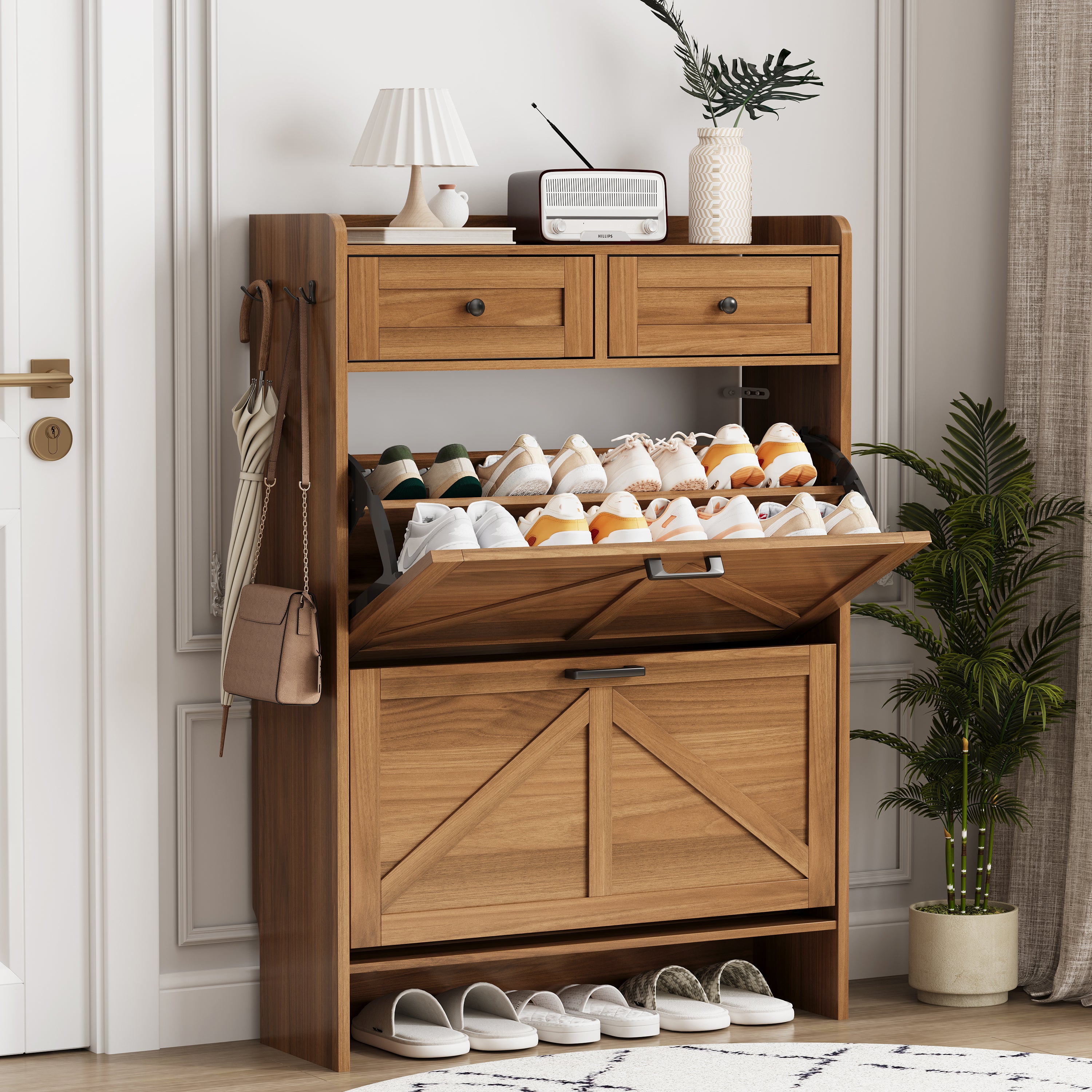 Anymaple Newport Walnut 2-door shoe cabinet, large capacity shoe organizer cabinet for family footwear