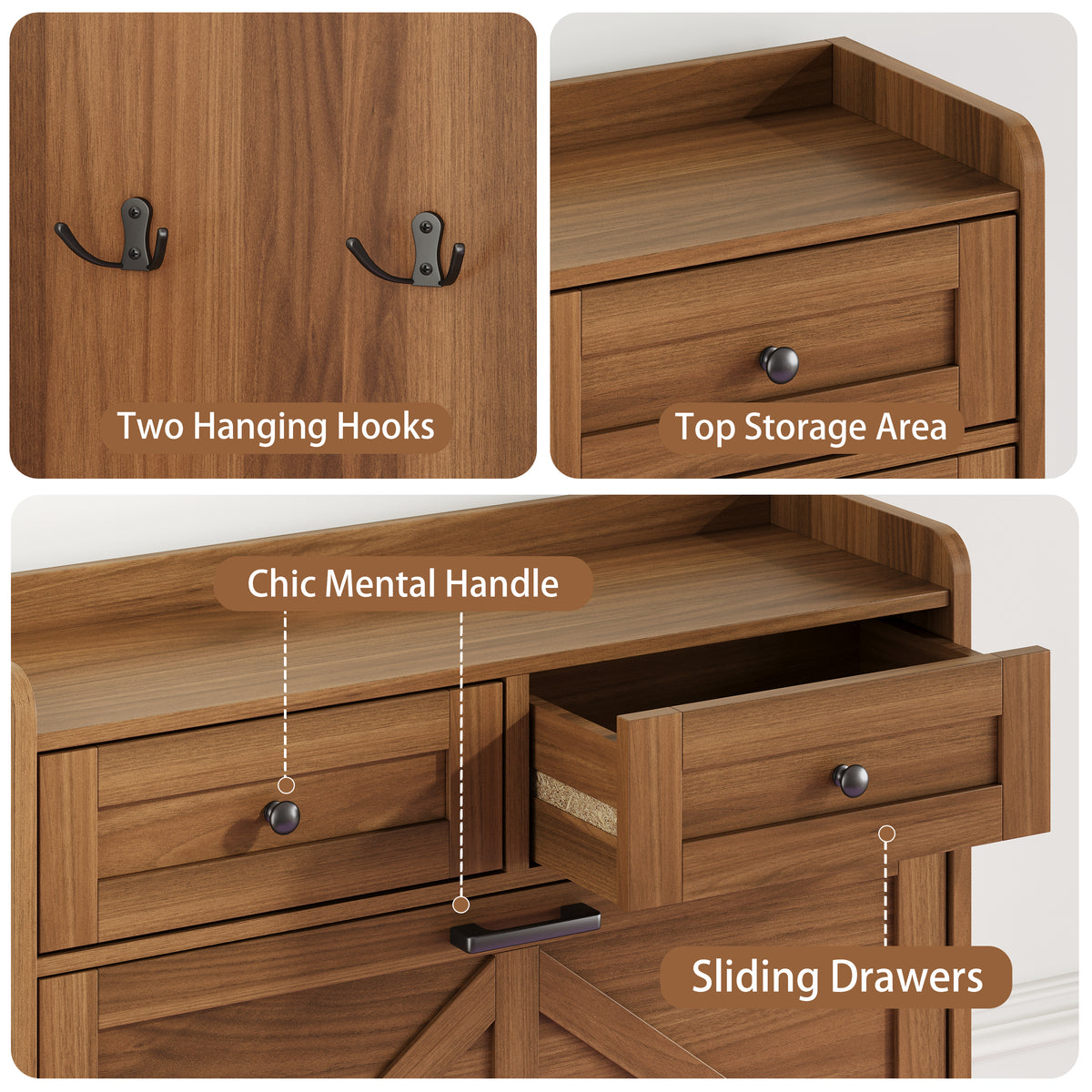 Anymaple Newport Walnut 2-door shoe cabinet, stable farmhouse style cabinet detail for daily home use