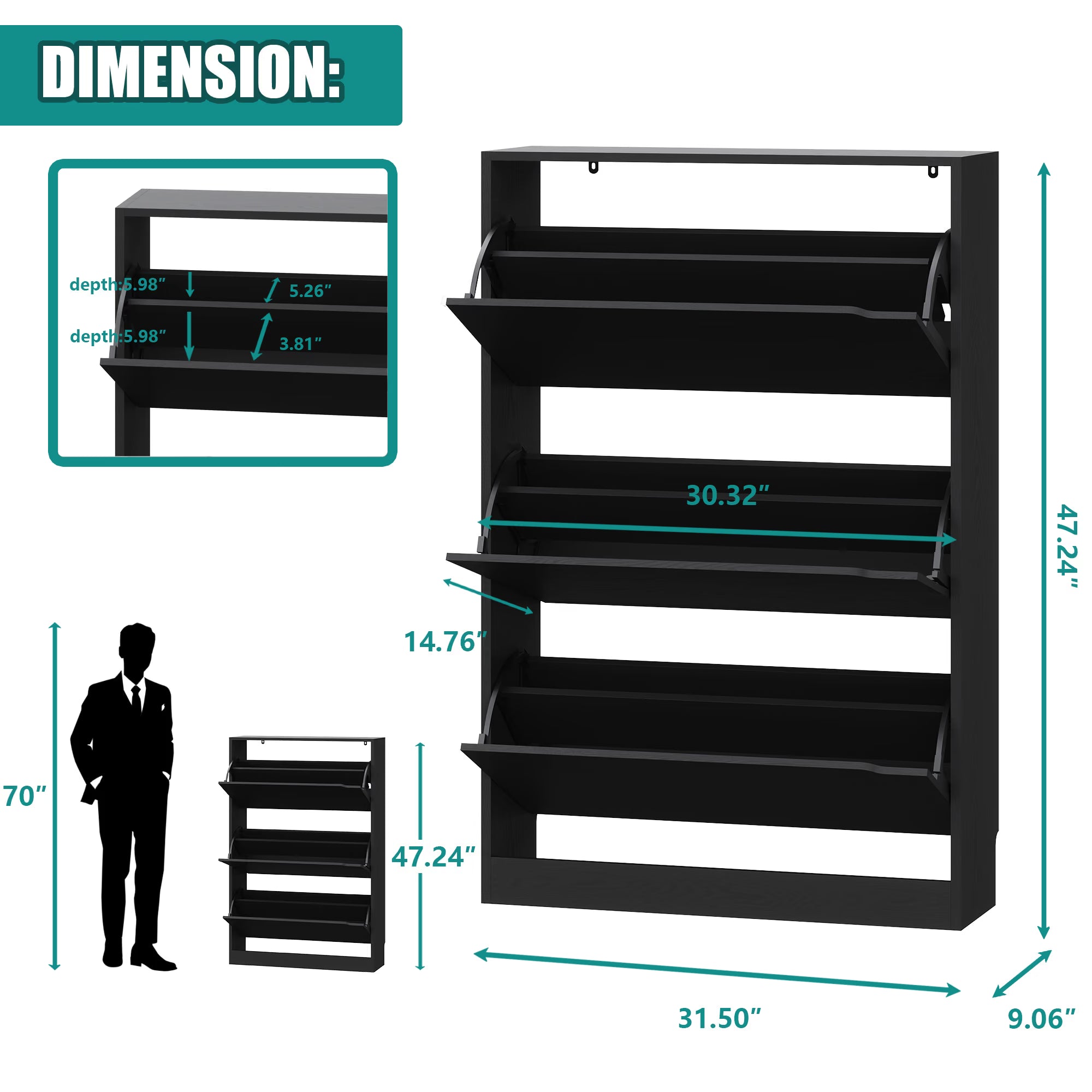 Anymaple Crestline Black 3-door shoe cabinet, dimensions view for narrow hallway and foyer placement