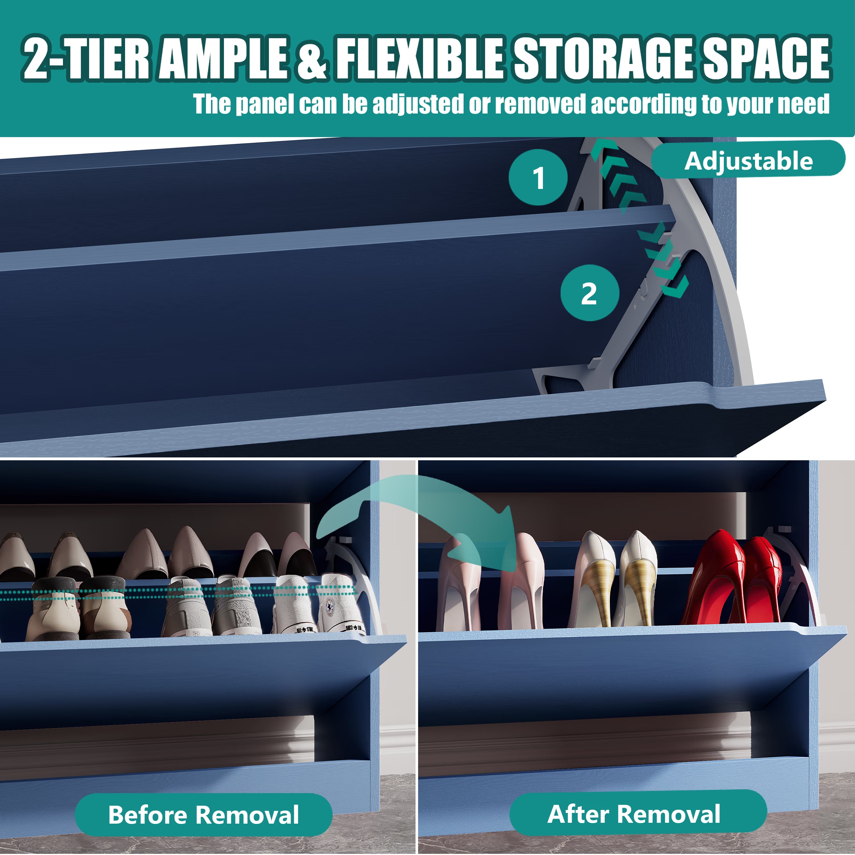 Anymaple Crestline Blue 3-door shoe cabinet, adjustable interior panels for flexible shoe organization