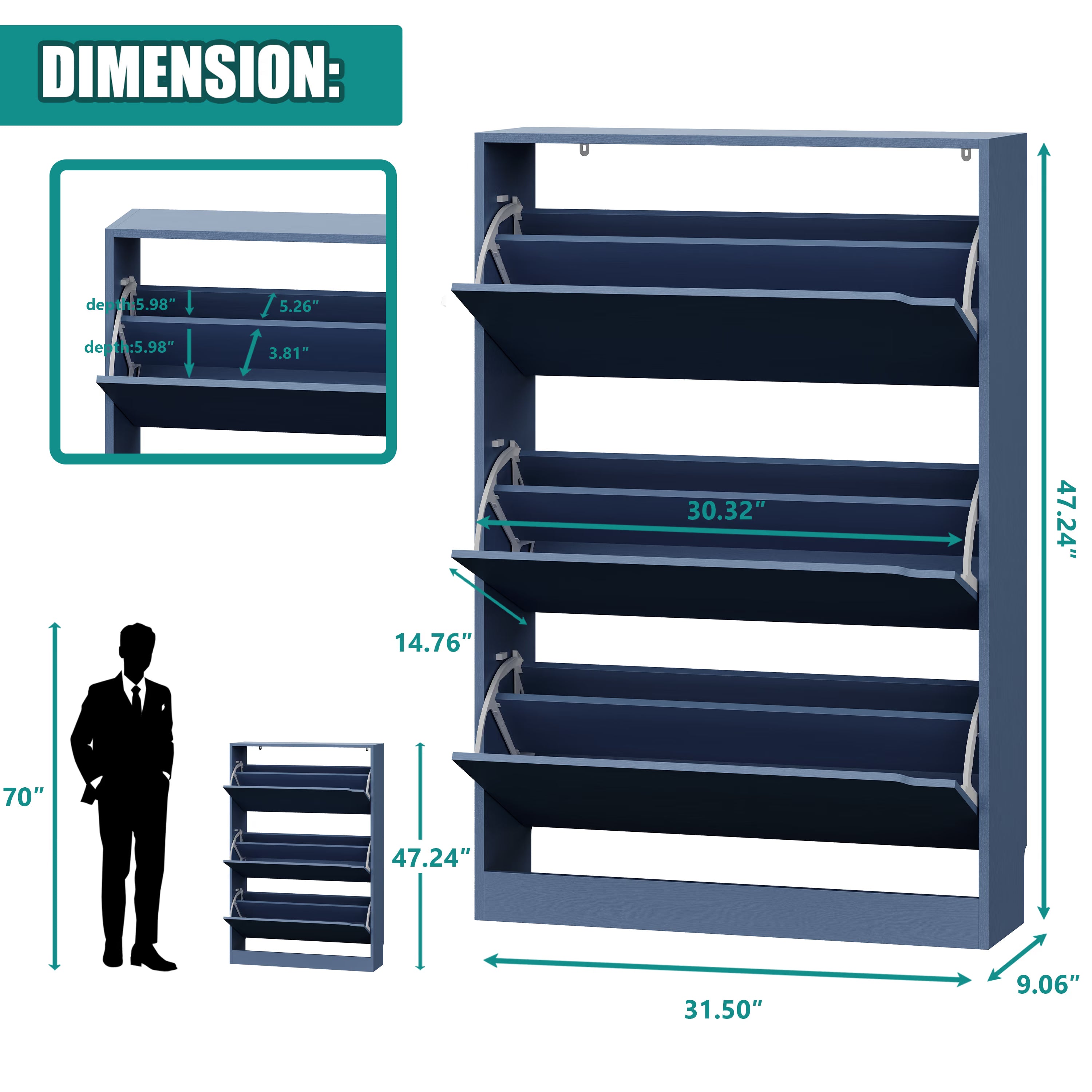 Anymaple Crestline Blue 3-door shoe cabinet, dimensions view for narrow hallway and foyer placement