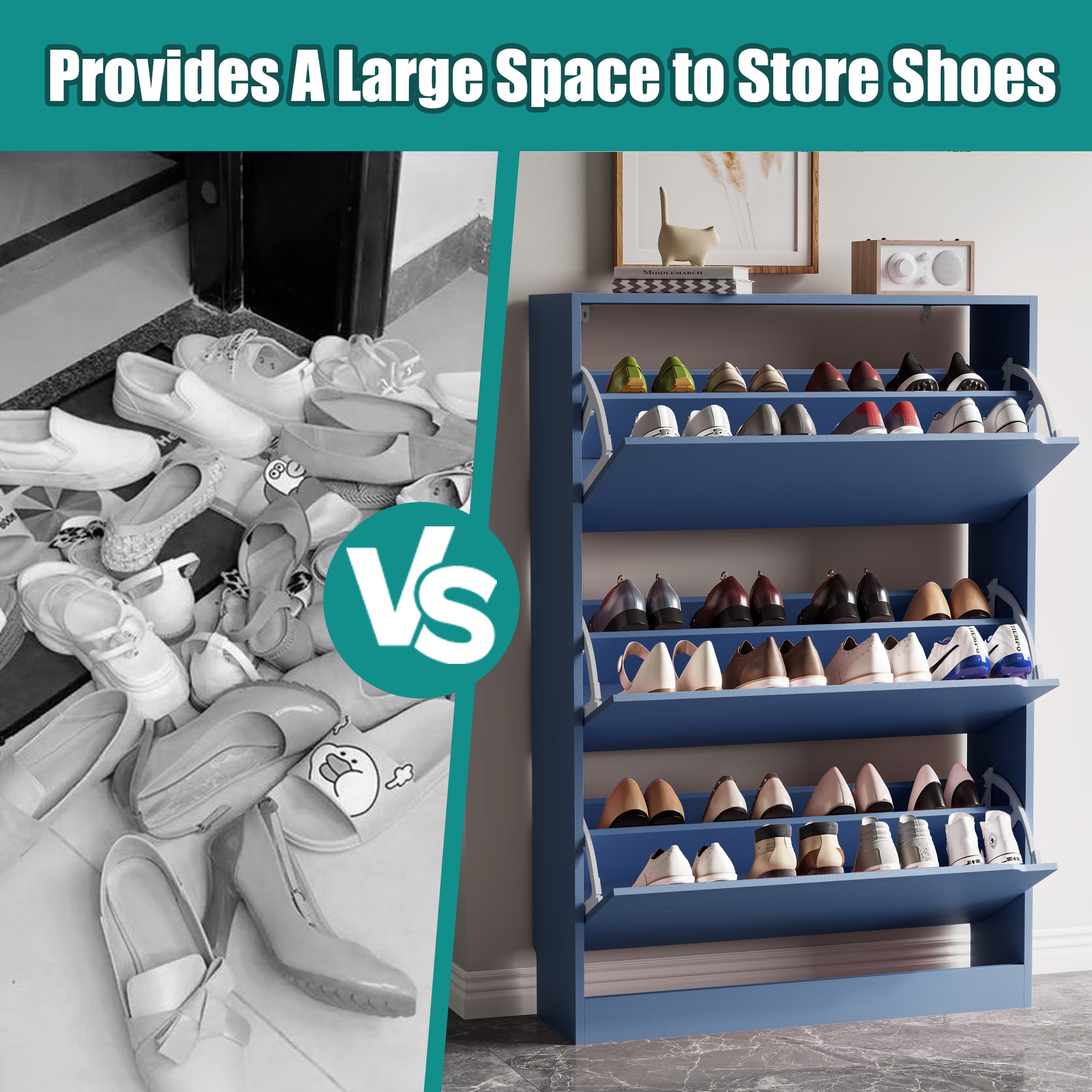 Anymaple Crestline Blue 3-door shoe cabinet, flip drawer storage for sneakers flats heels and daily shoes