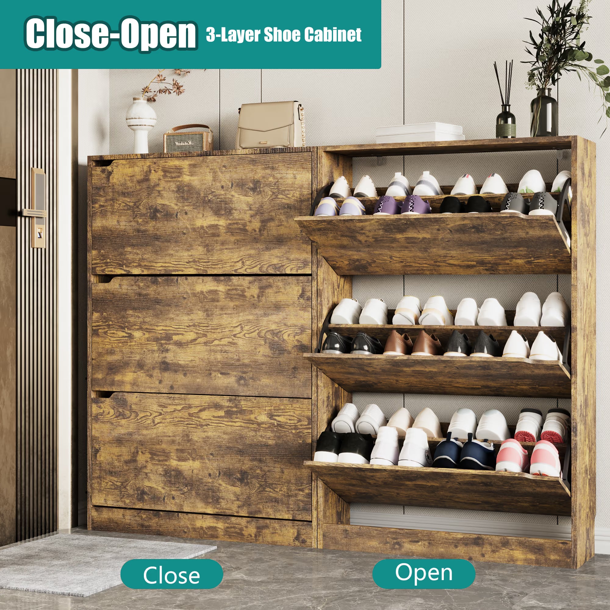 Anymaple Crestline Brown 3-door shoe cabinet, hidden shoe storage cabinet that reduces clutter and dust
