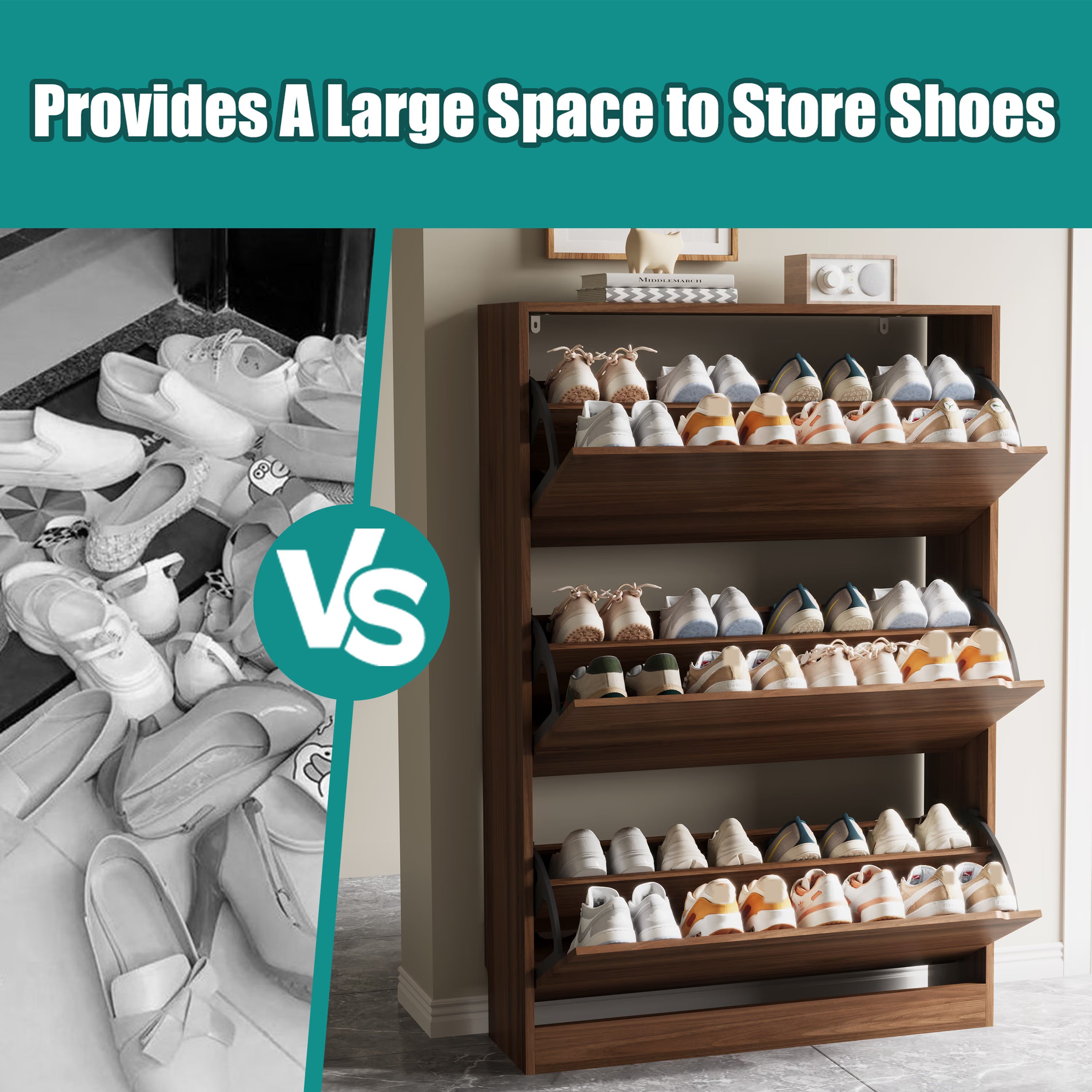 Anymaple Crestline Walnut 3-door shoe cabinet, adjustable interior panels for flexible shoe organization
