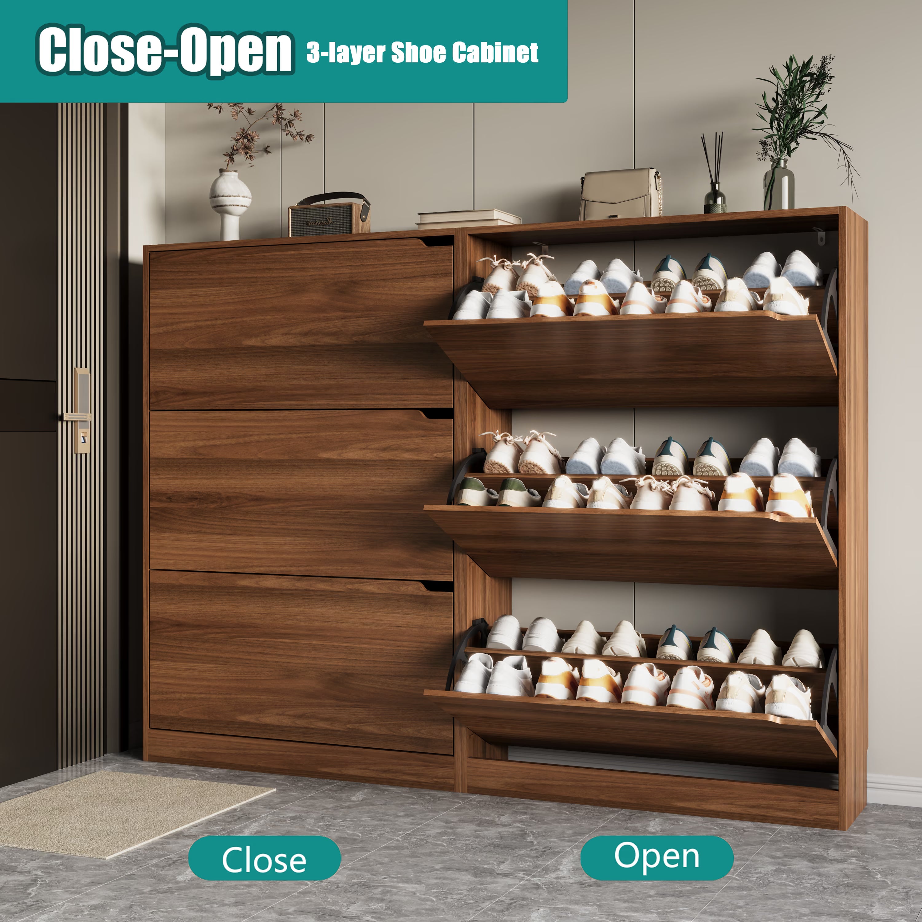 Anymaple Crestline Walnut 3-door shoe cabinet, flip drawer storage for sneakers flats heels and daily shoes