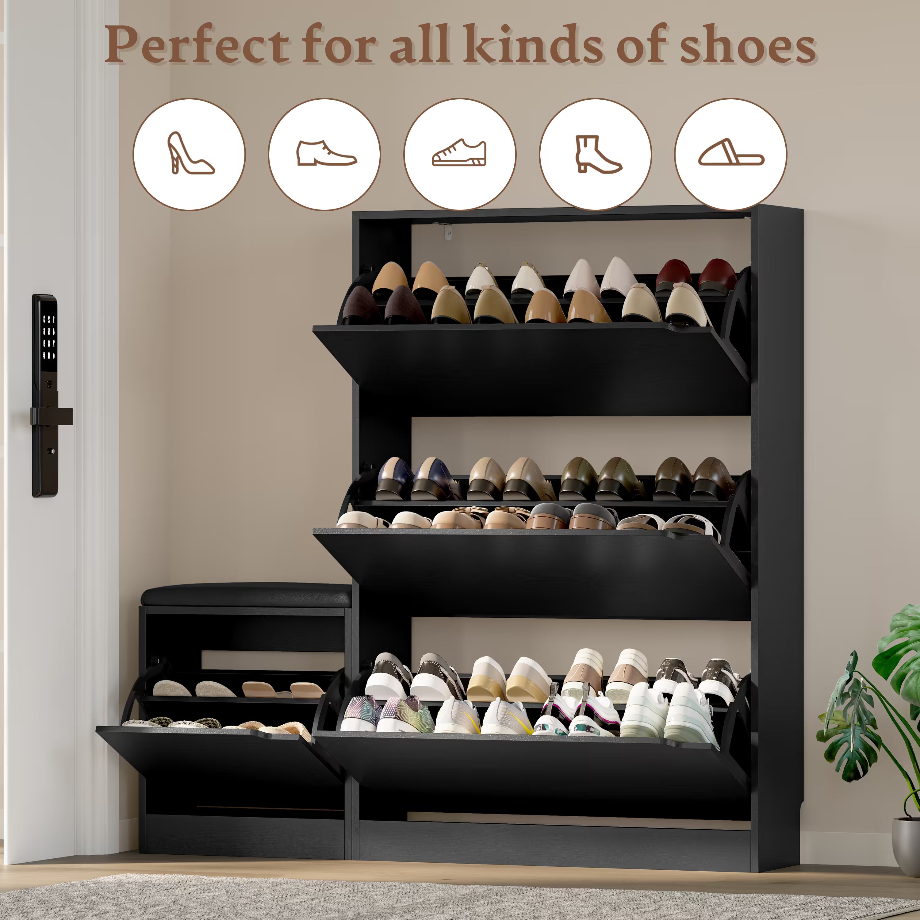 Anymaple Crestline Black 3 drawer shoe cabinet with bench, adjustable shoe panels for flexible entryway organization