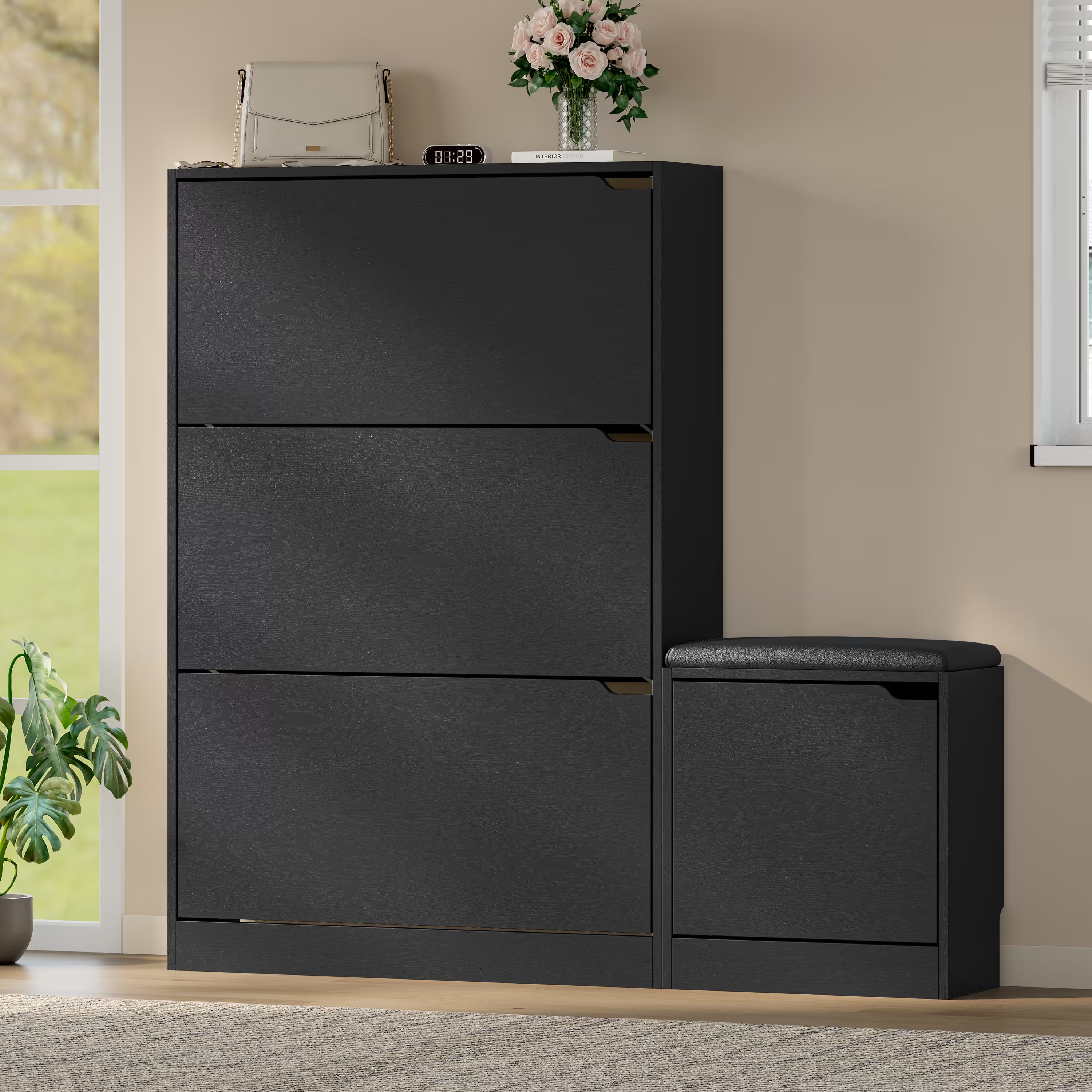 Anymaple Crestline Black 3 drawer shoe cabinet with bench, flip drawer capacity for sneakers flats sandals and daily shoes