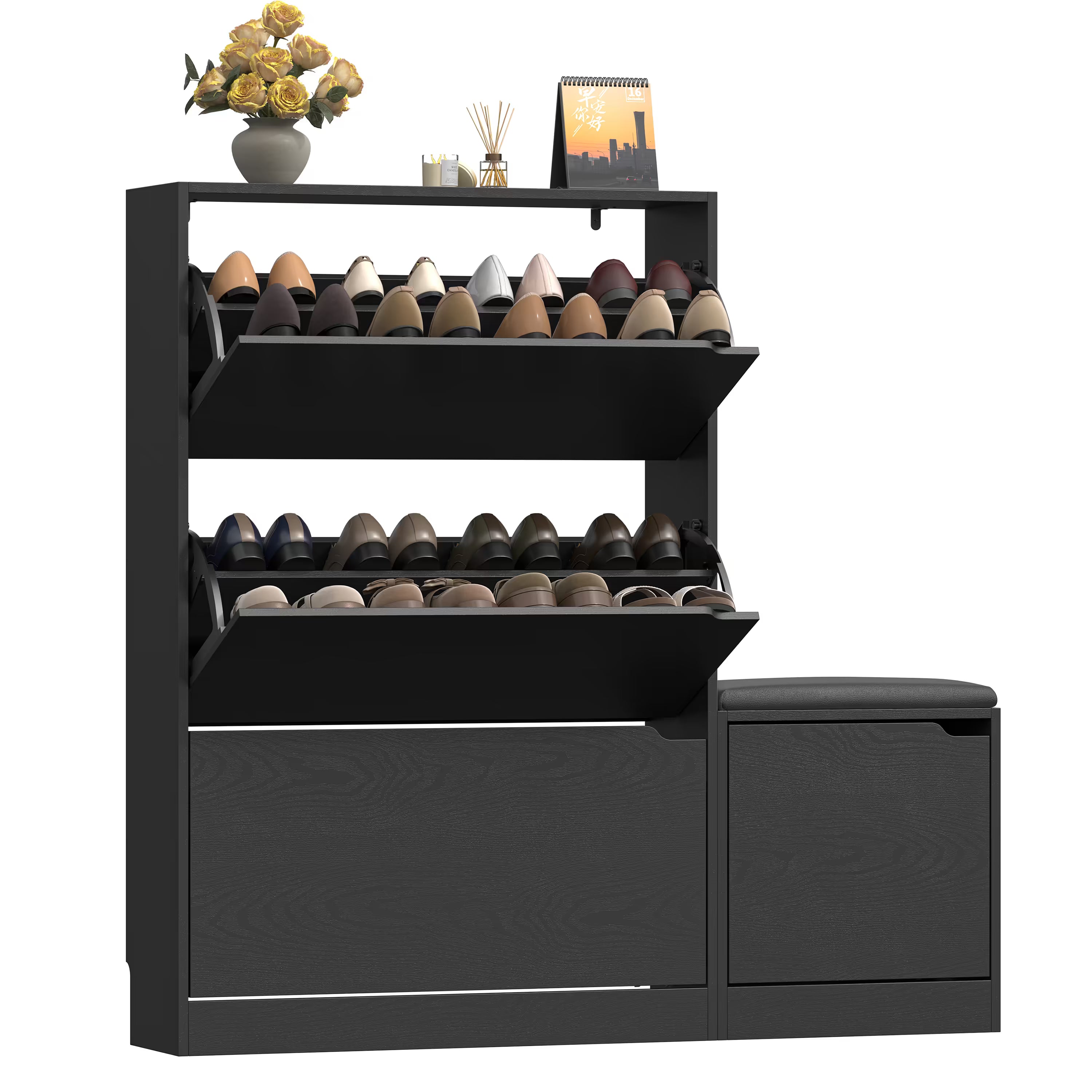 Anymaple Crestline Black 3 drawer shoe cabinet with bench, shoe cabinet with bench styled in a modern entryway