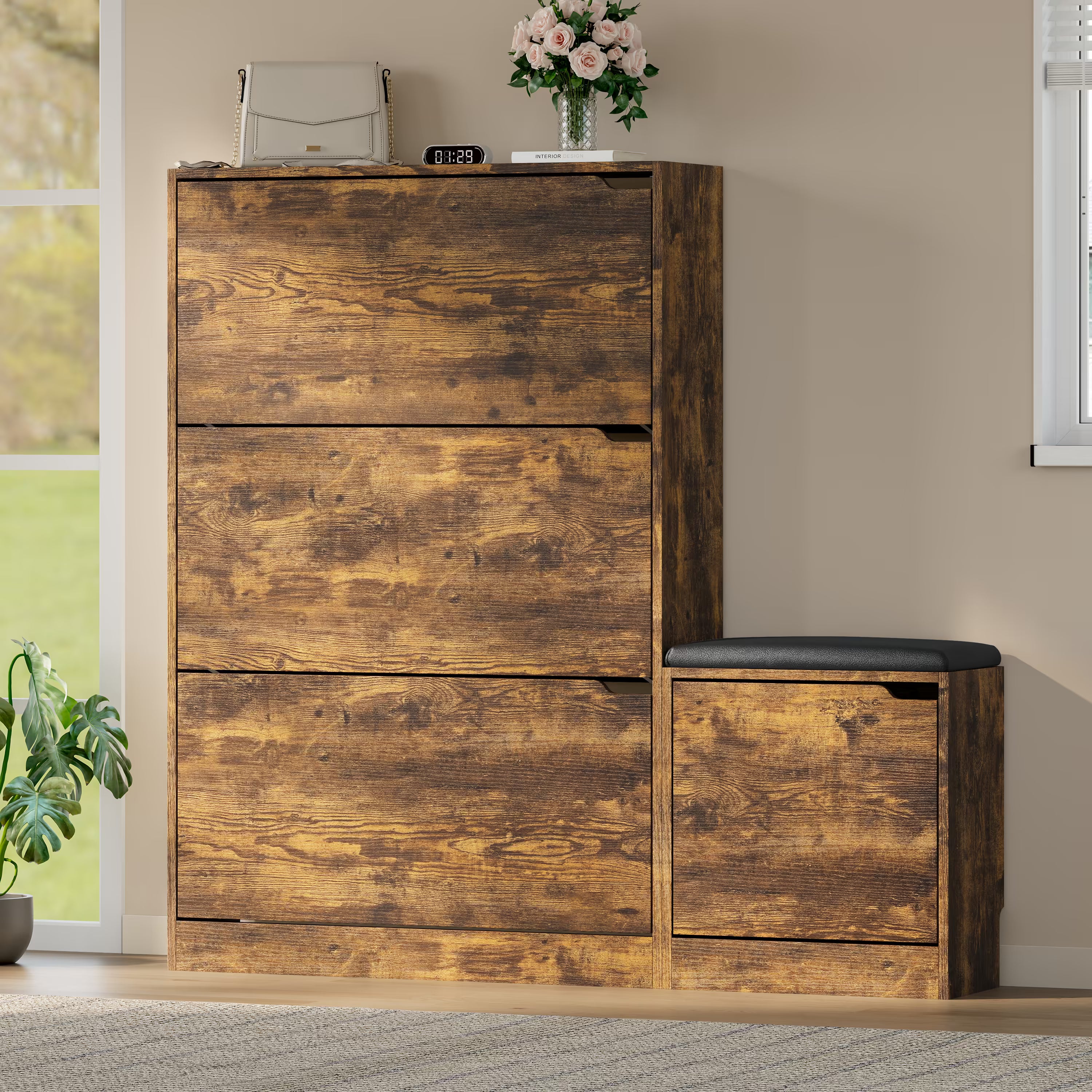 Anymaple Crestline Brown 3 drawer shoe cabinet with bench, adjustable shoe panels for flexible entryway organization