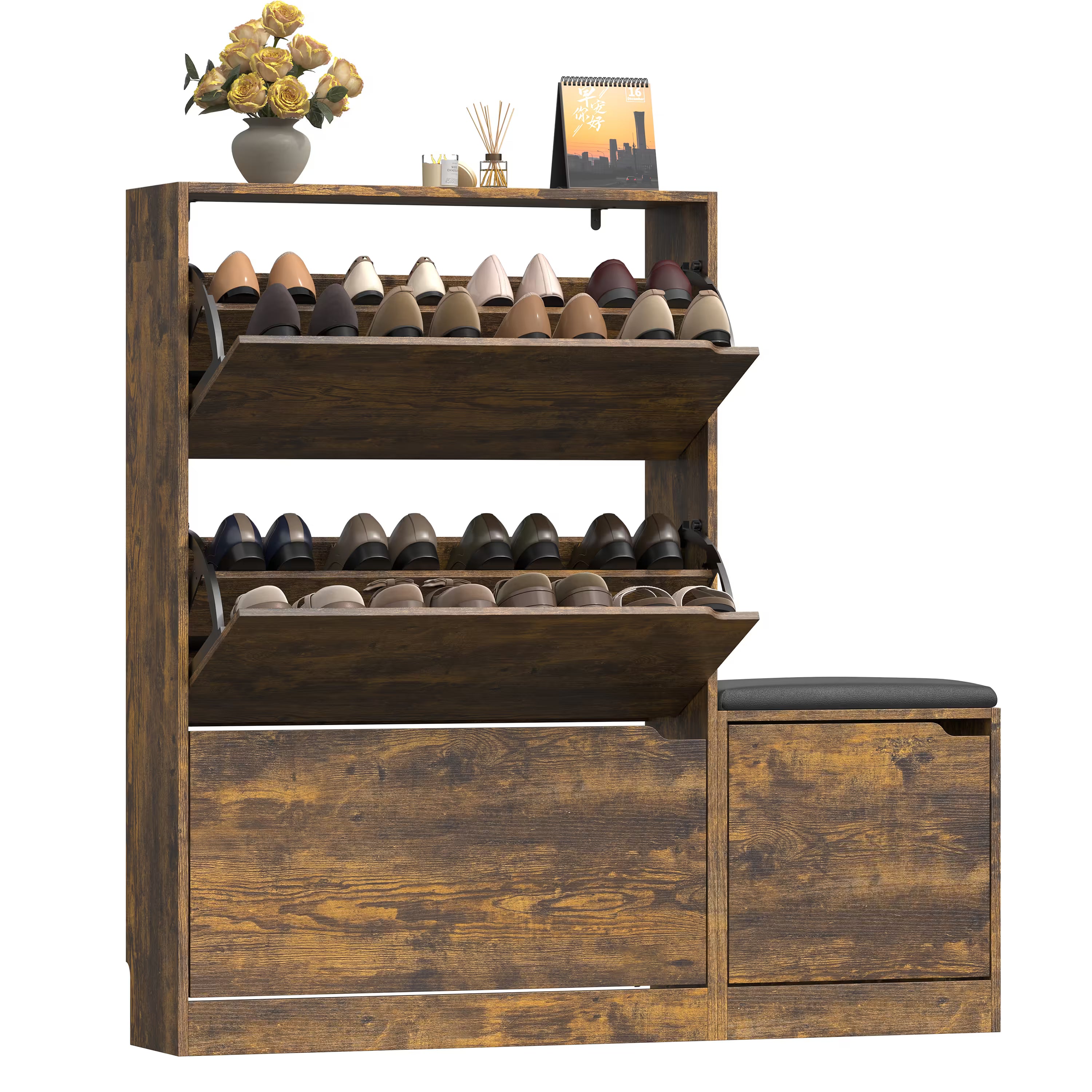 Anymaple Crestline Brown 3 drawer shoe cabinet with bench, padded bench seat with shoe storage for changing shoes