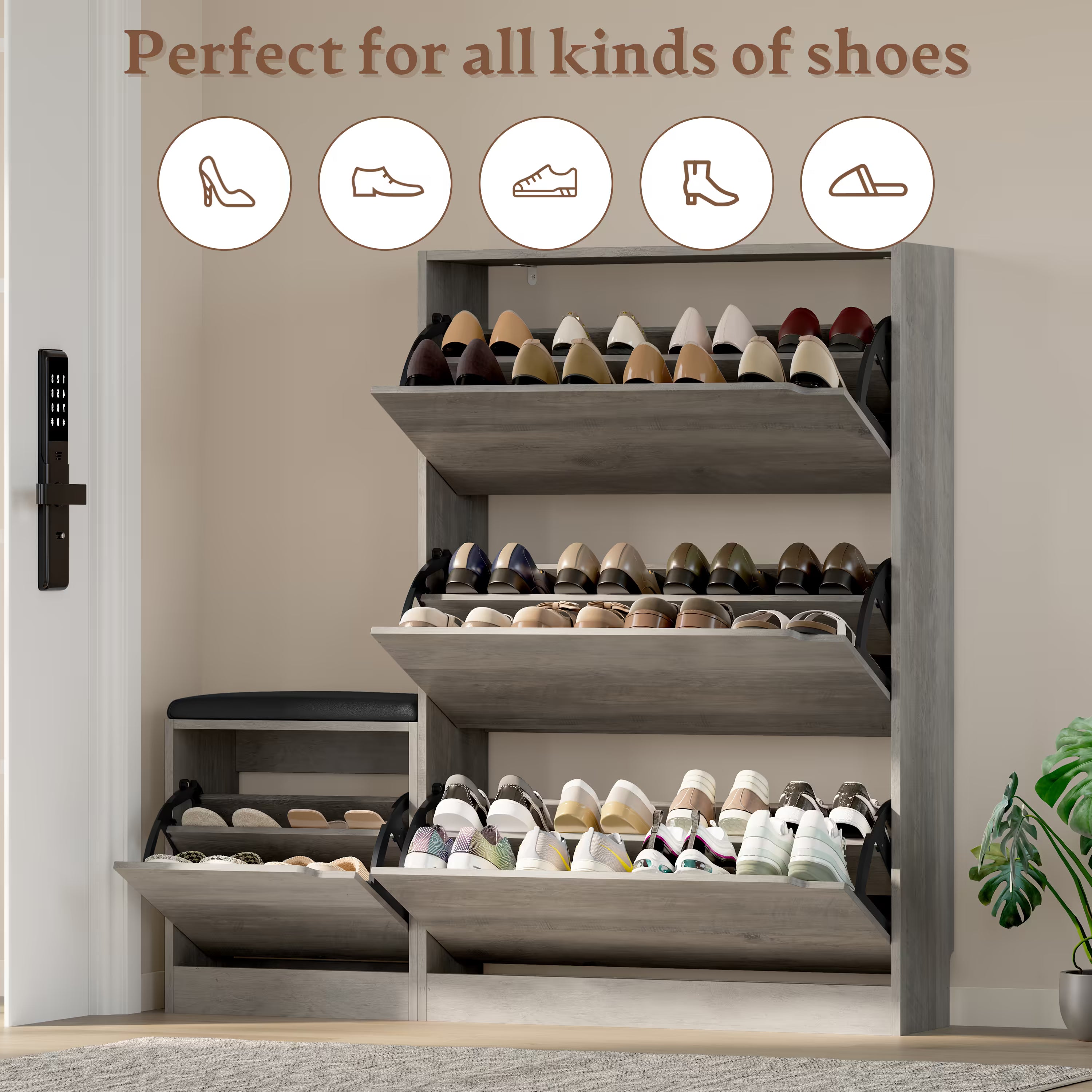 Anymaple Crestline Gray 3 drawer shoe cabinet with bench, adjustable shoe panels for flexible entryway organization