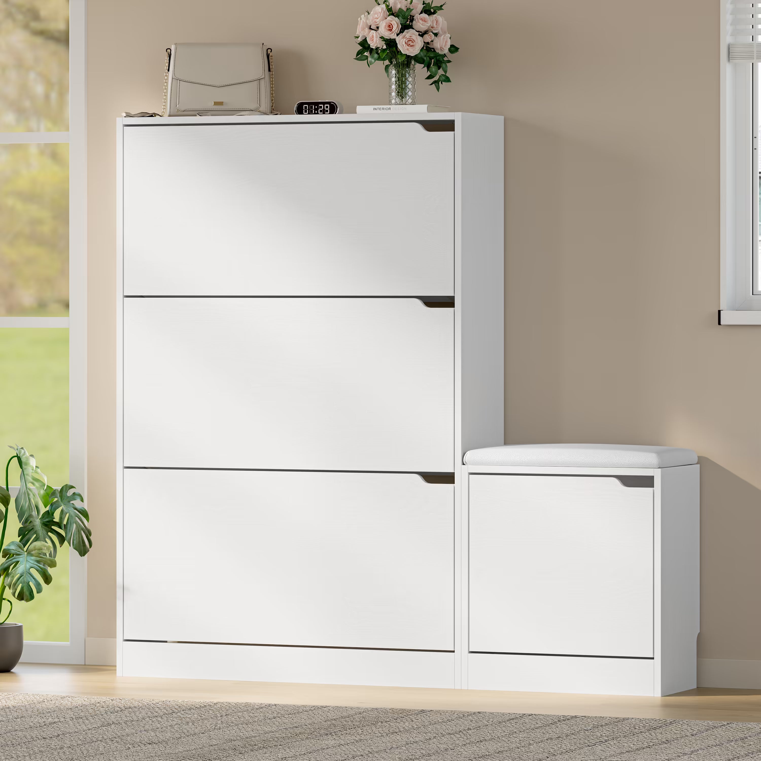 Anymaple Crestline White 3 drawer shoe cabinet with bench, flip drawer capacity for sneakers flats sandals and daily shoes