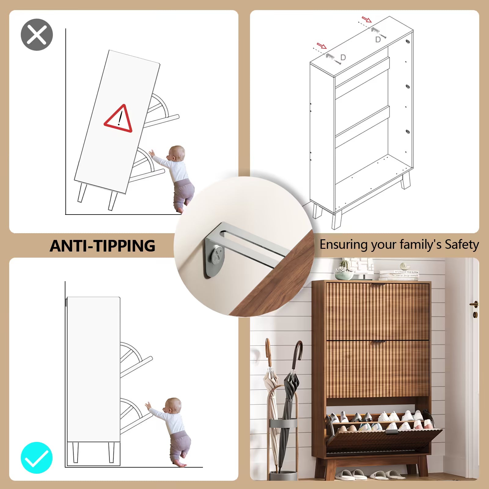 Anymaple walnut shoe cabinet 3 drawer with anti-tipping safety device anchored to the wall