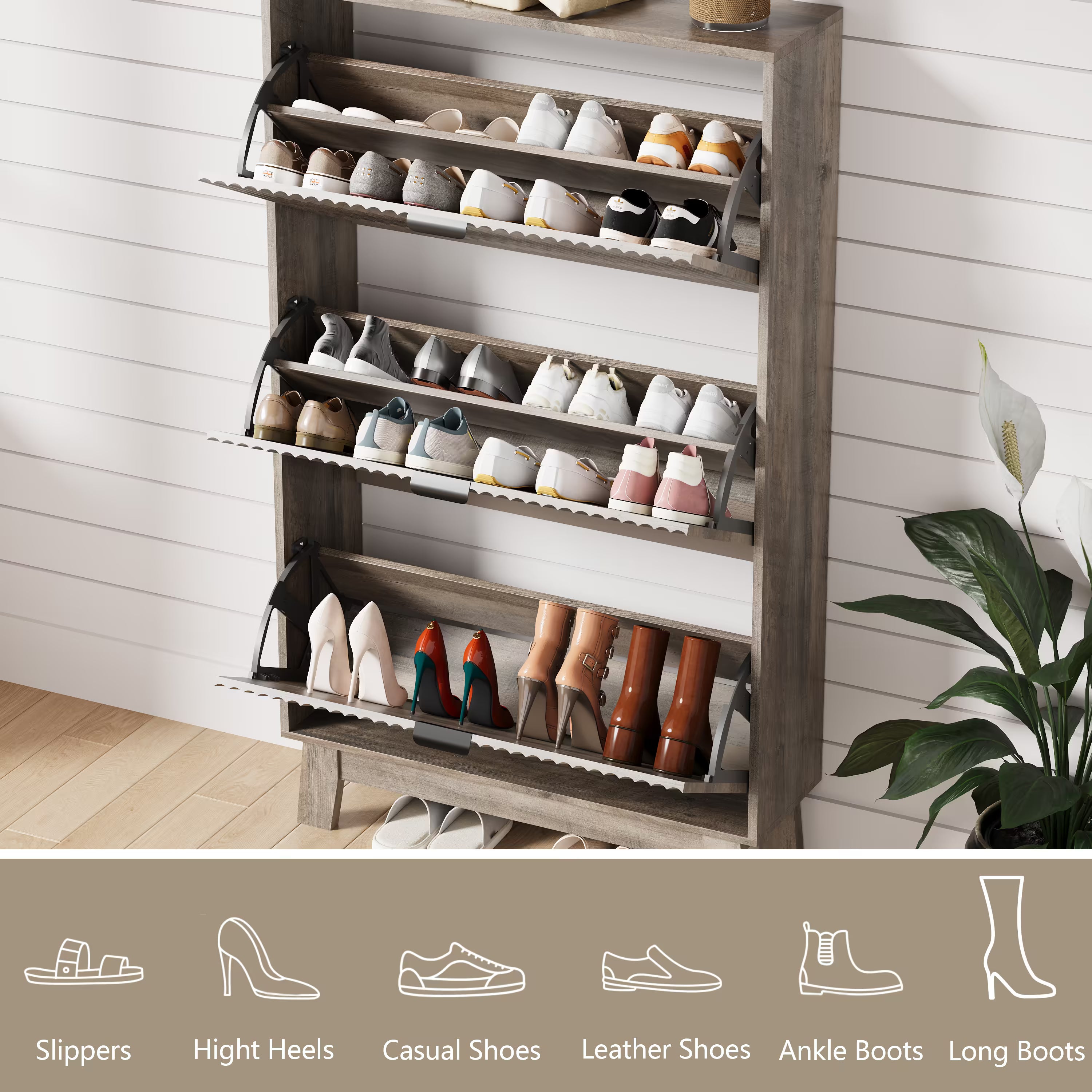 Anymaple gray shoe cabinet showing 3 flip drawers holding heels, sneakers, and boots