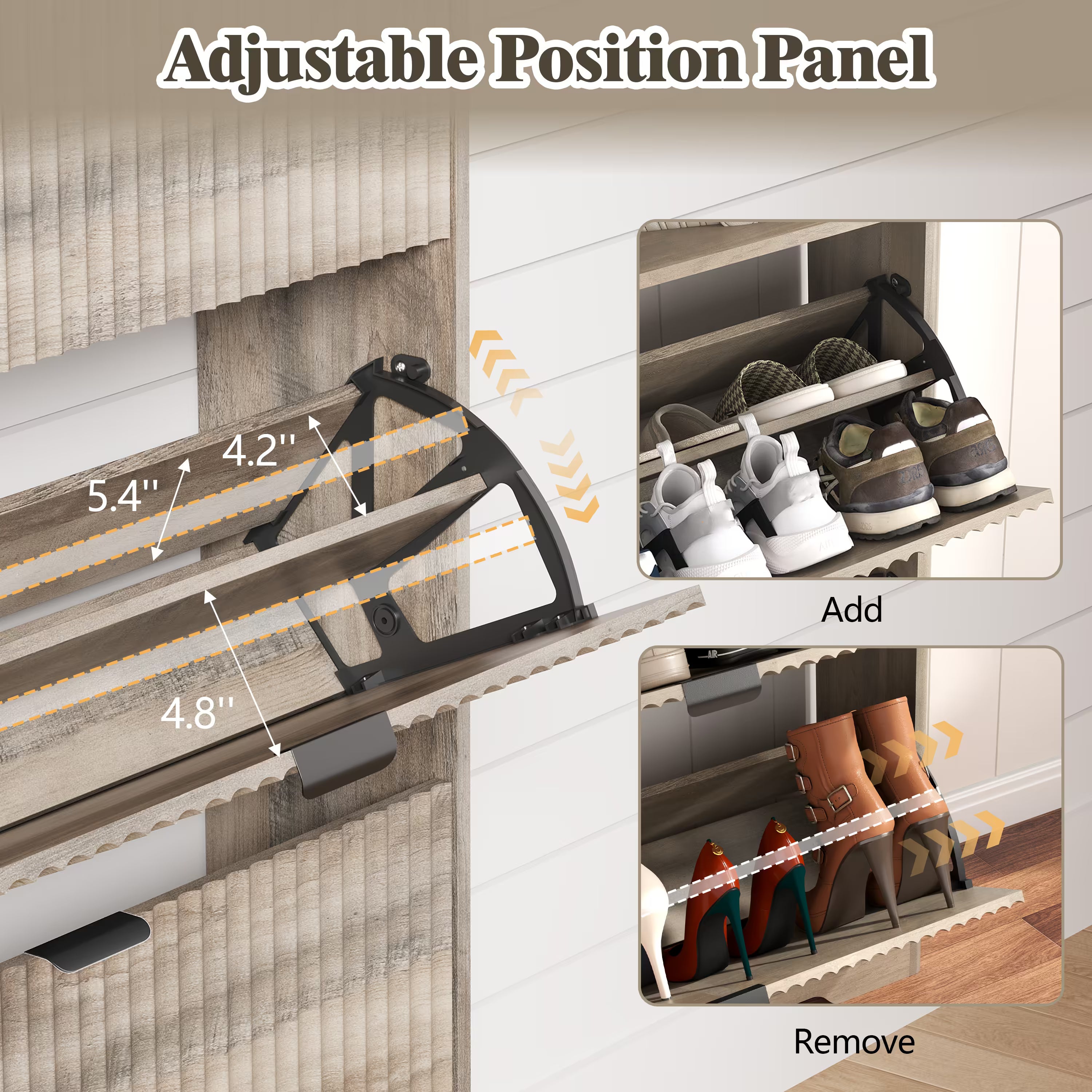 Anymaple gray shoe cabinet 3 drawer showing adjustable and removable interior panels to customize shoe height