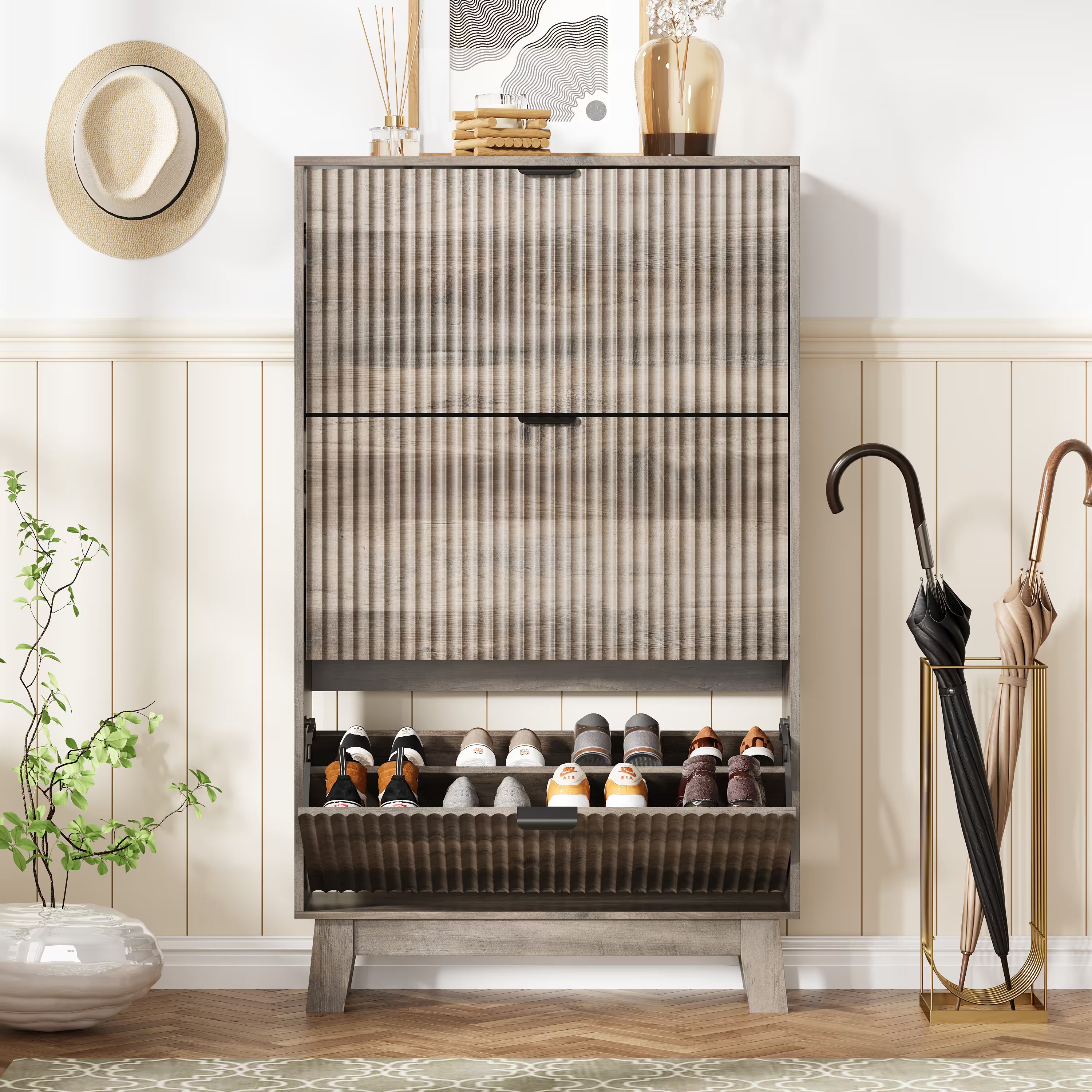 Anymaple gray shoe cabinet 3 tier storage standing near front door entrance for space saving