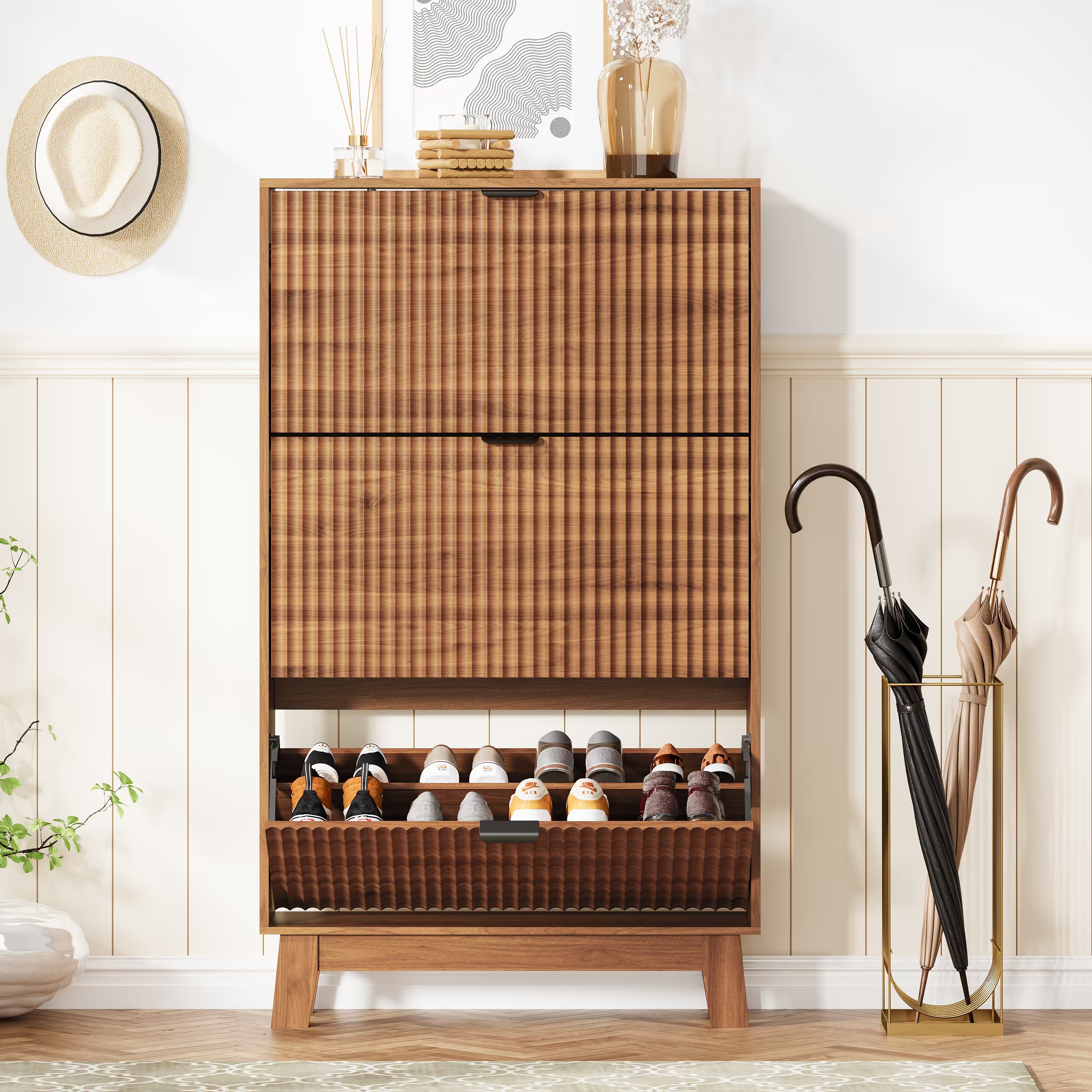 Anymaple walnut shoe cabinet 3 tier storage standing near front door entrance for space saving